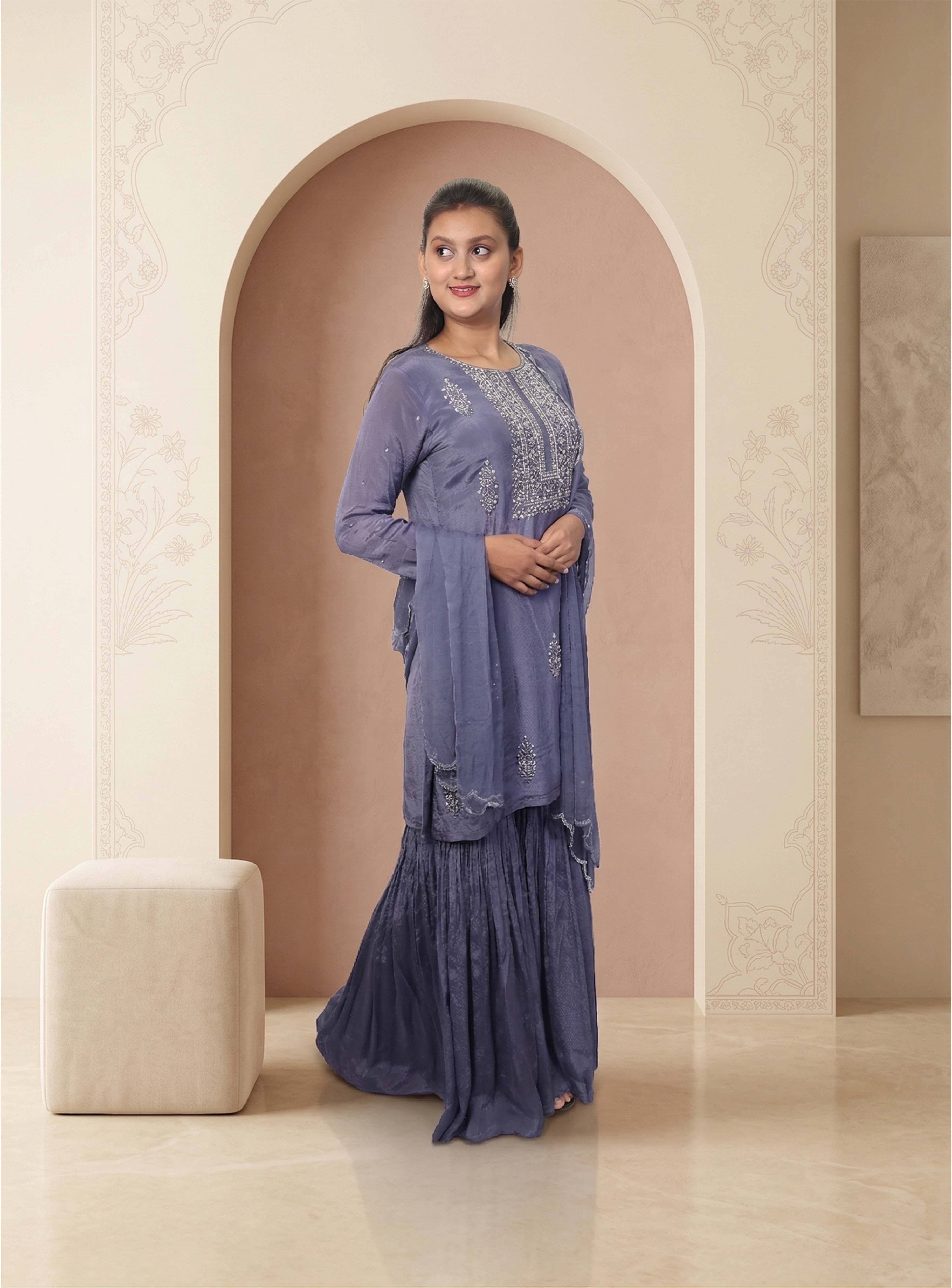 Mauve chinon handwork garara with dupatta