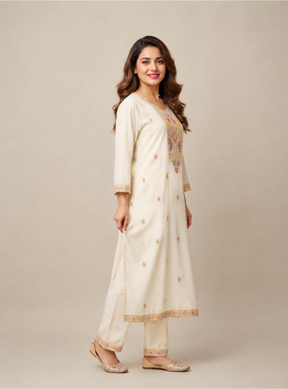 Ivory Heritage White Mul Cotton Embroidered Straight Suit Set with Dupatta