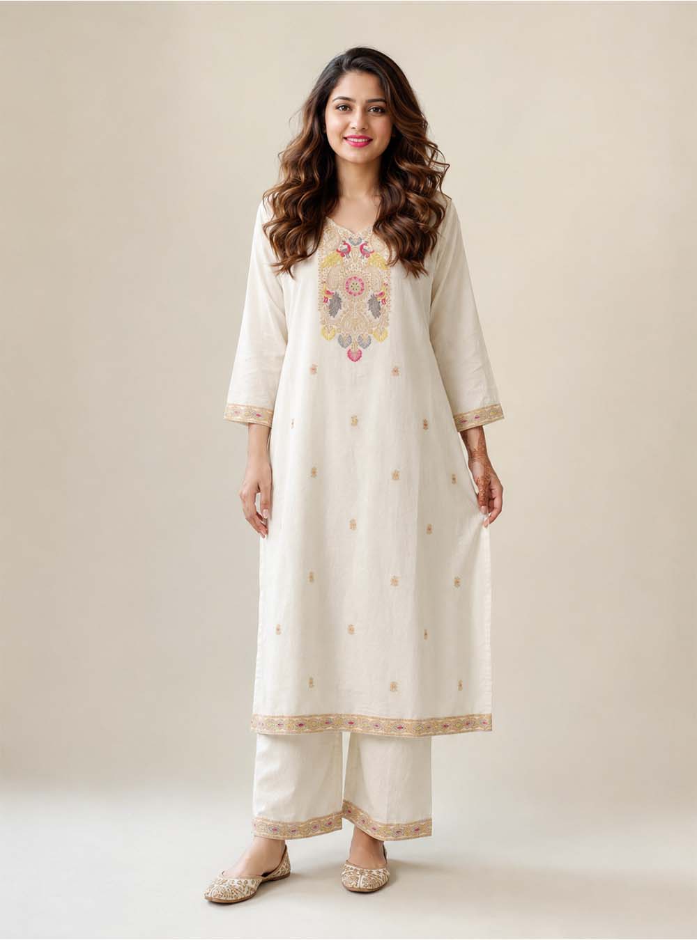 Ivory Heritage White Mul Cotton Embroidered Straight Suit Set with Dupatta