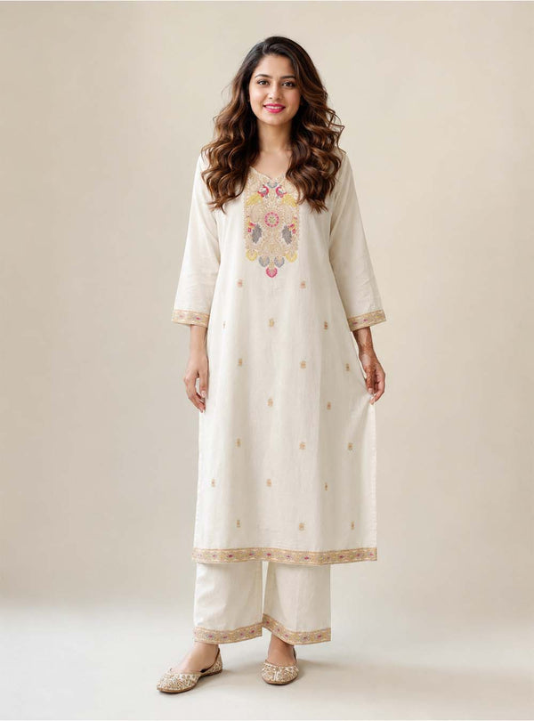 Ivory Heritage White Mul Cotton Embroidered Straight Suit Set with Dupatta
