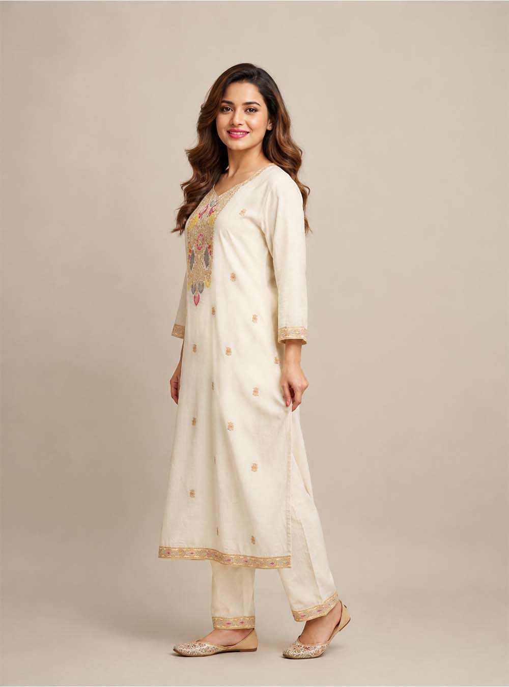Ivory Heritage White Mul Cotton Embroidered Straight Suit Set with Dupatta