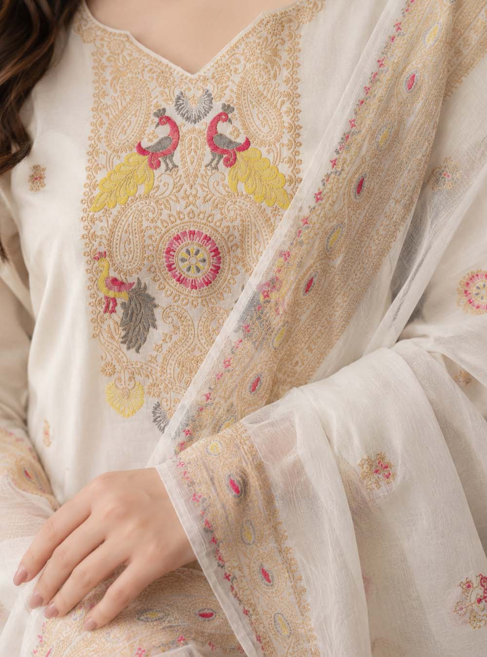 Ivory Heritage White Mul Cotton Embroidered Straight Suit Set with Dupatta