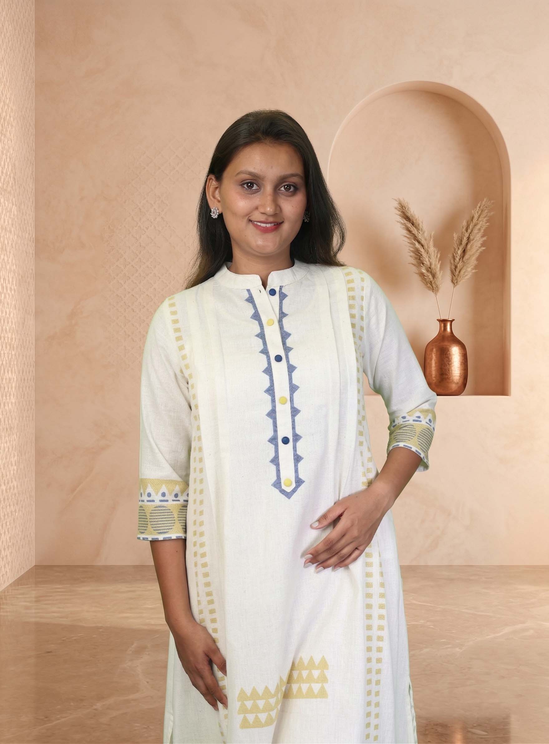 Handloom White cotton Straight Suit Set With Dupatta