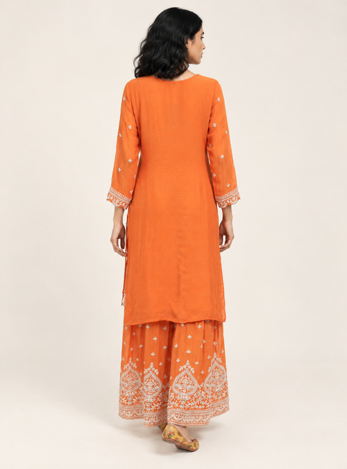 Autumn Saffron Rust Orange Chinon Handwork Garara Set with Dupatta – Indieshade