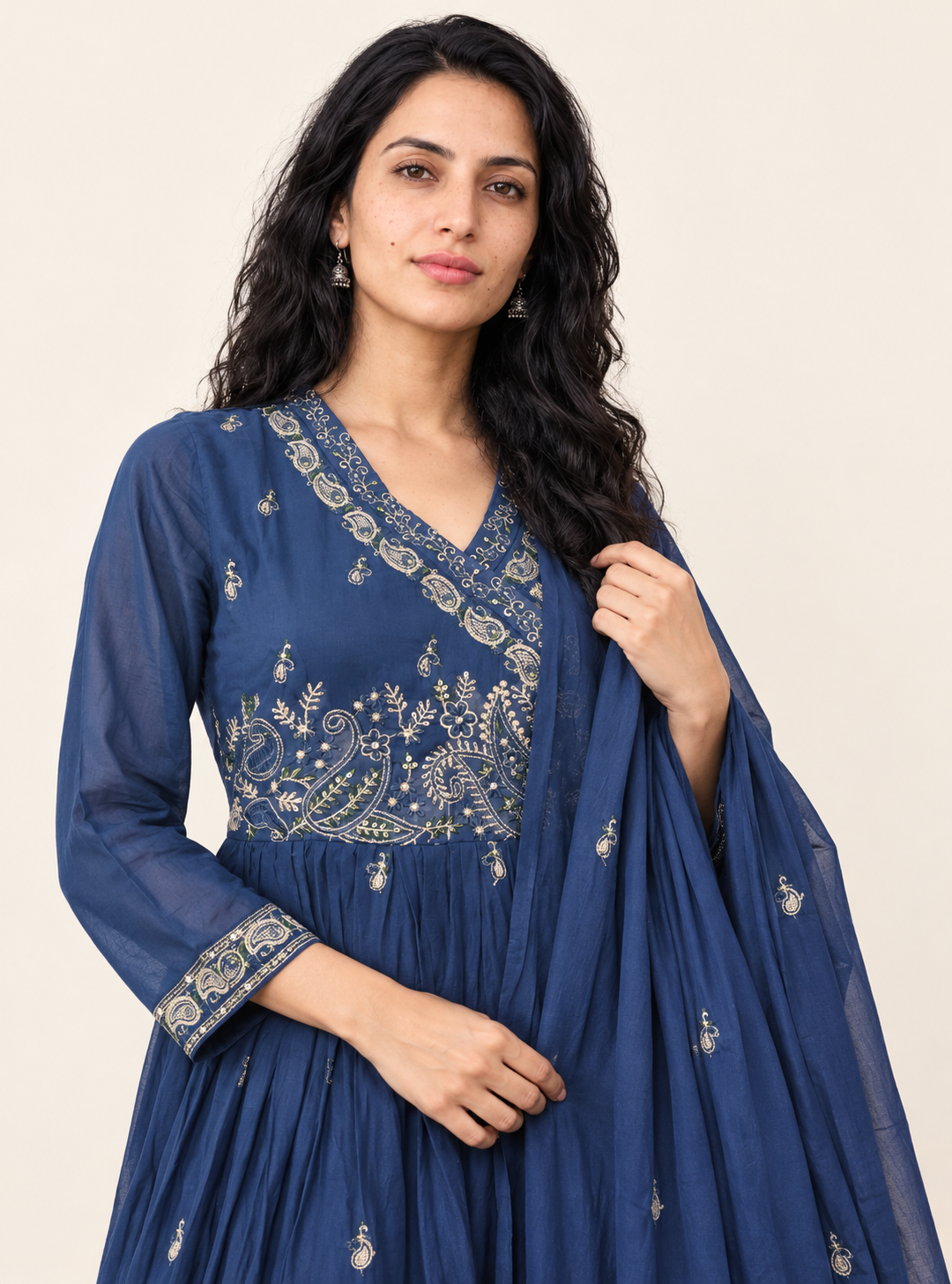 Azure Anarkali Blue Mul Cotton Angrakha Suit Set with Dupatta