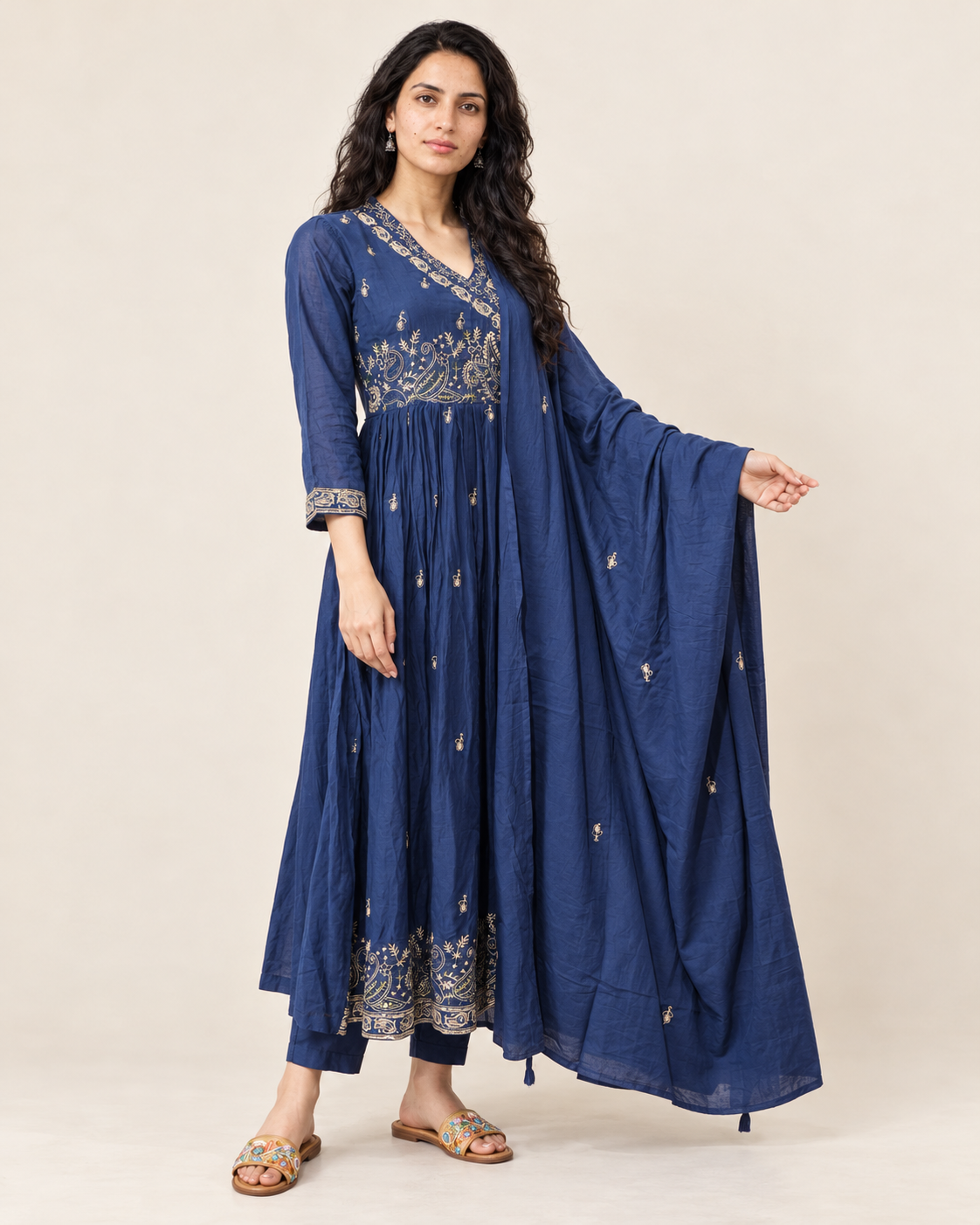 Azure Anarkali Blue Mul Cotton Angrakha Suit Set with Dupatta