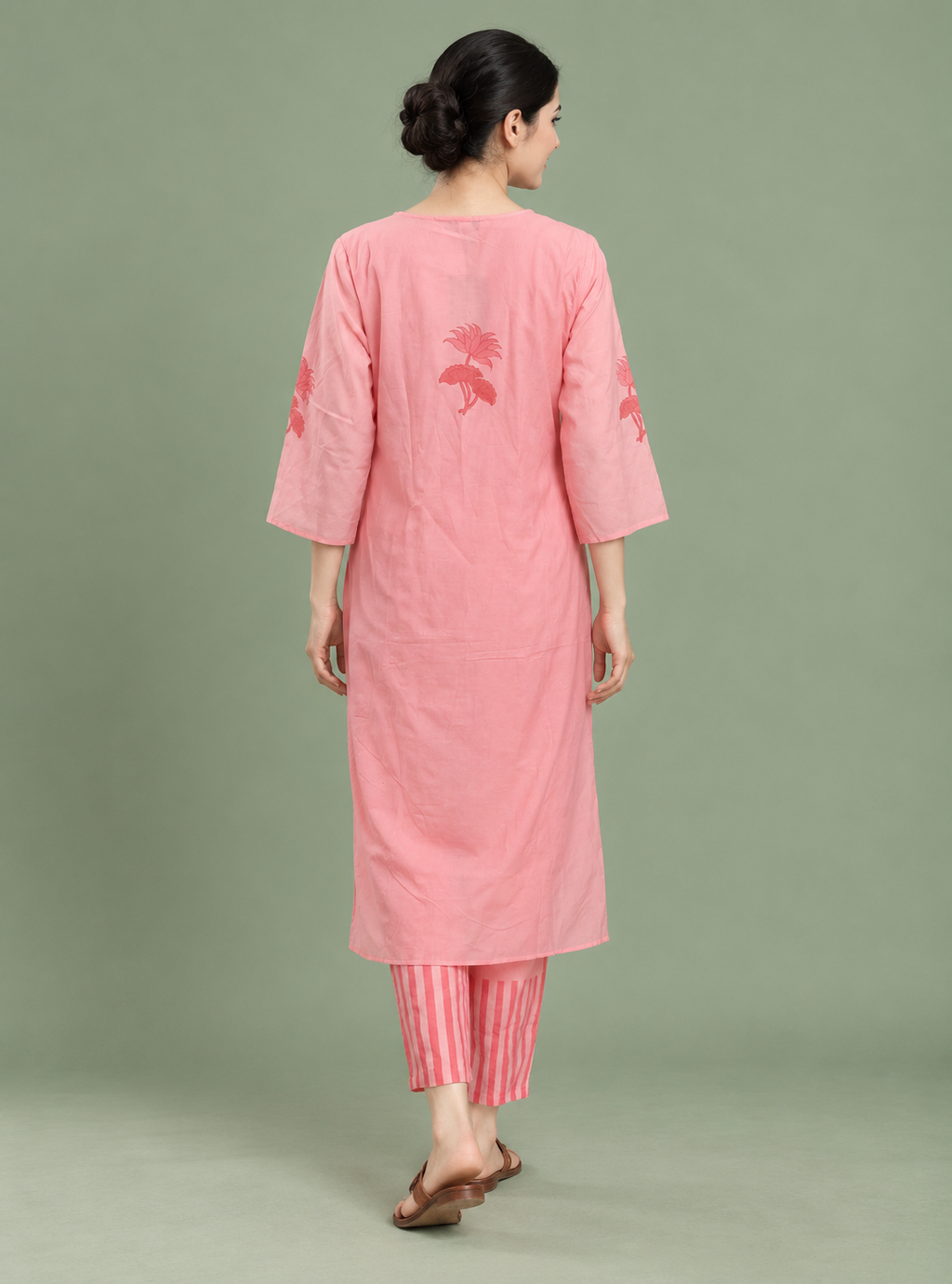 Baby Pink Cotton Printed Straight Kurta Set with Dupatta – Indieshades