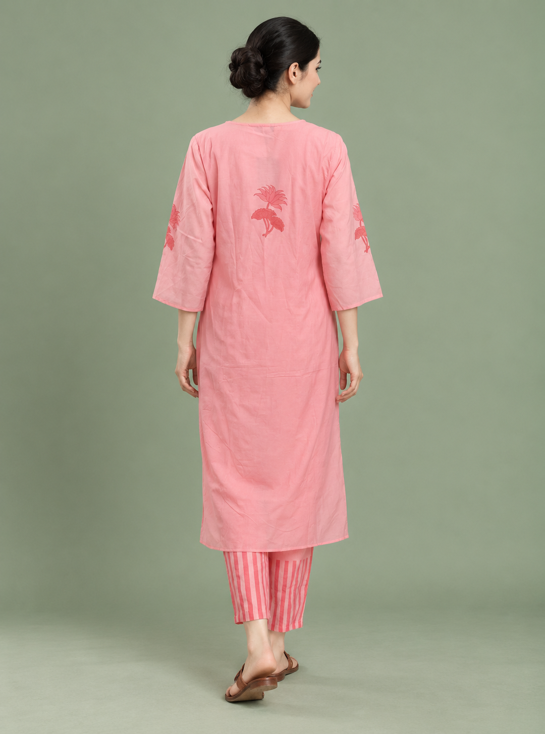Baby Pink Cotton Printed Straight Kurta Set with Dupatta – Indieshades