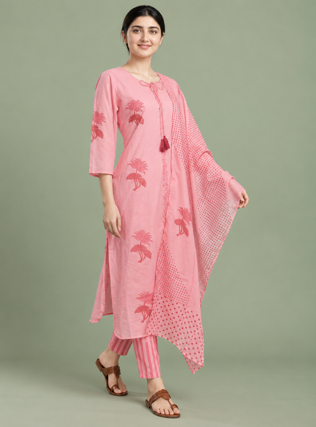 Baby Pink Cotton Printed Straight Kurta Set with Dupatta – Indieshades