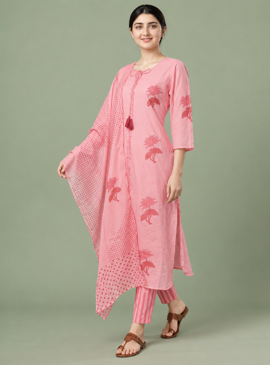 Baby Pink Cotton Printed Straight Kurta Set with Dupatta – Indieshades
