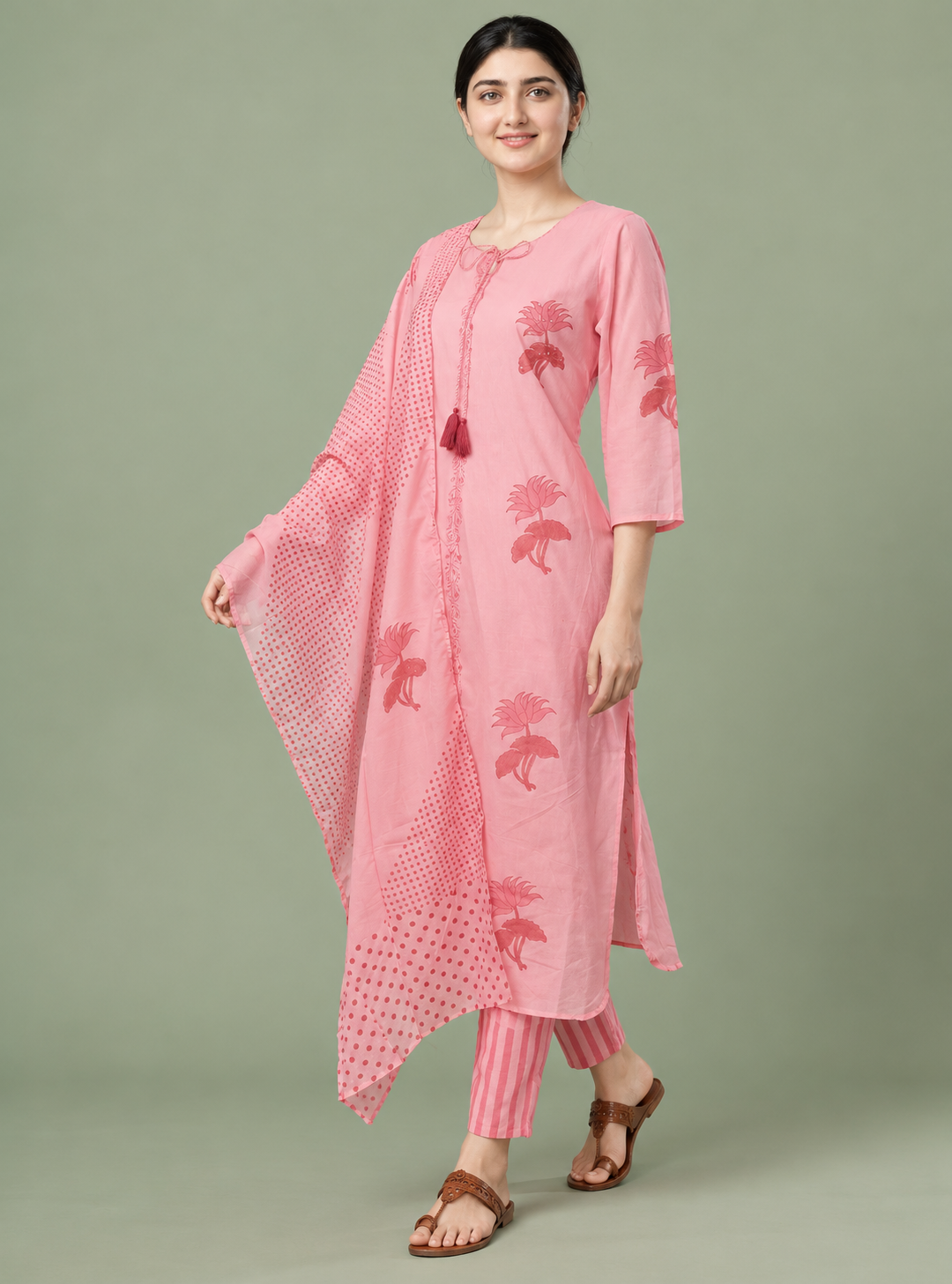 Baby Pink Cotton Printed Straight Kurta Set with Dupatta – Indieshades