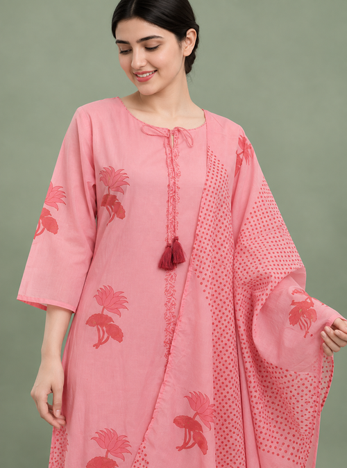Baby Pink Cotton Printed Straight Kurta Set with Dupatta – Indieshades