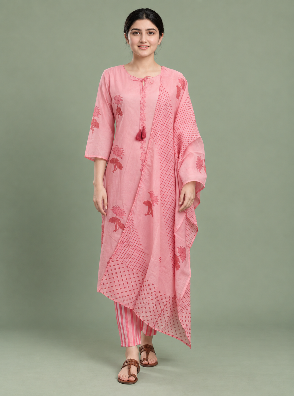 Baby Pink Cotton Printed Straight Kurta Set with Dupatta – Indieshades