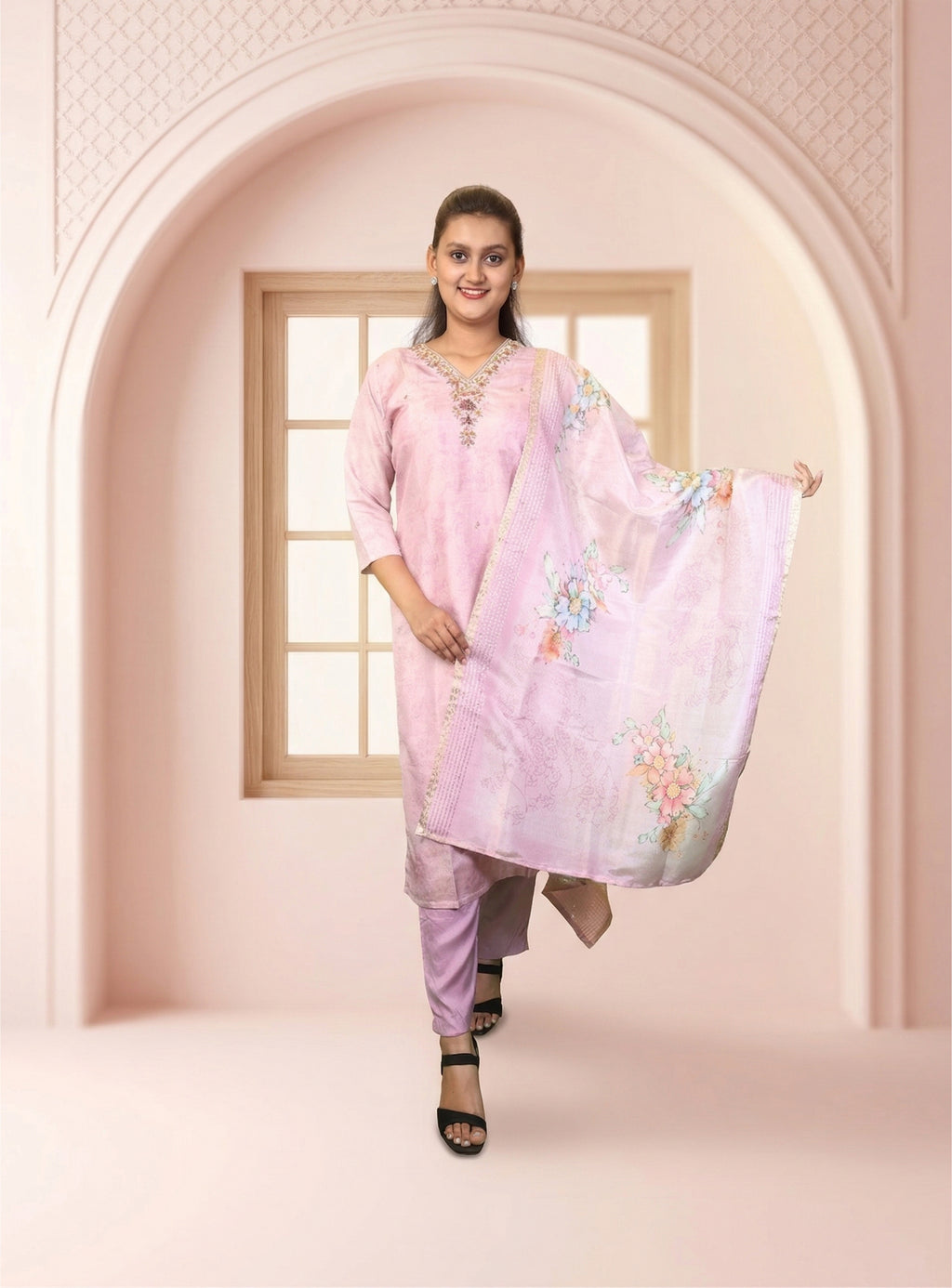 Baby pink chanderi straight suit set with dupatta