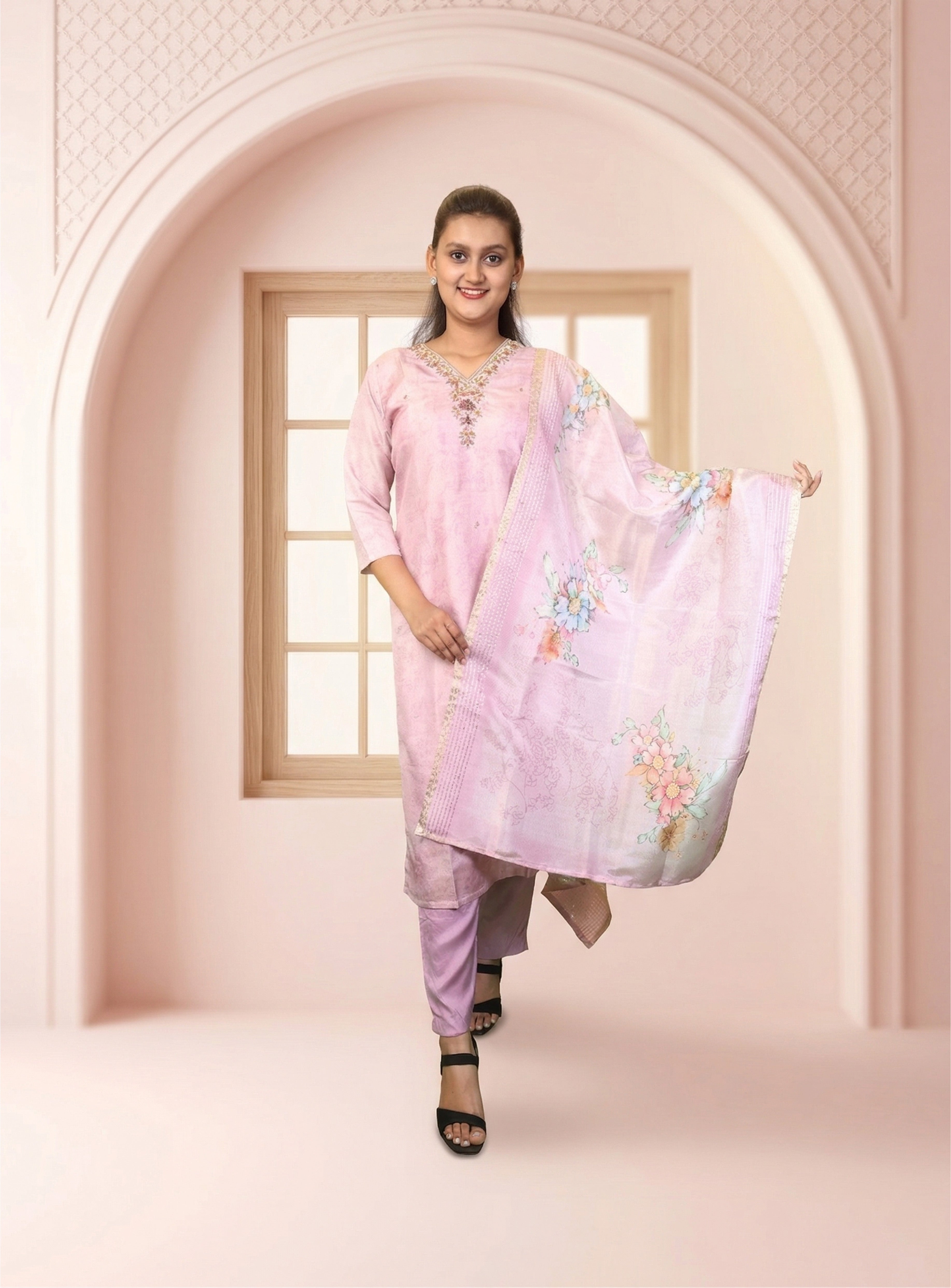 Baby pink chanderi straight suit set with dupatta