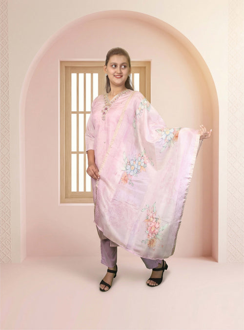 Baby pink chanderi straight suit set with dupatta