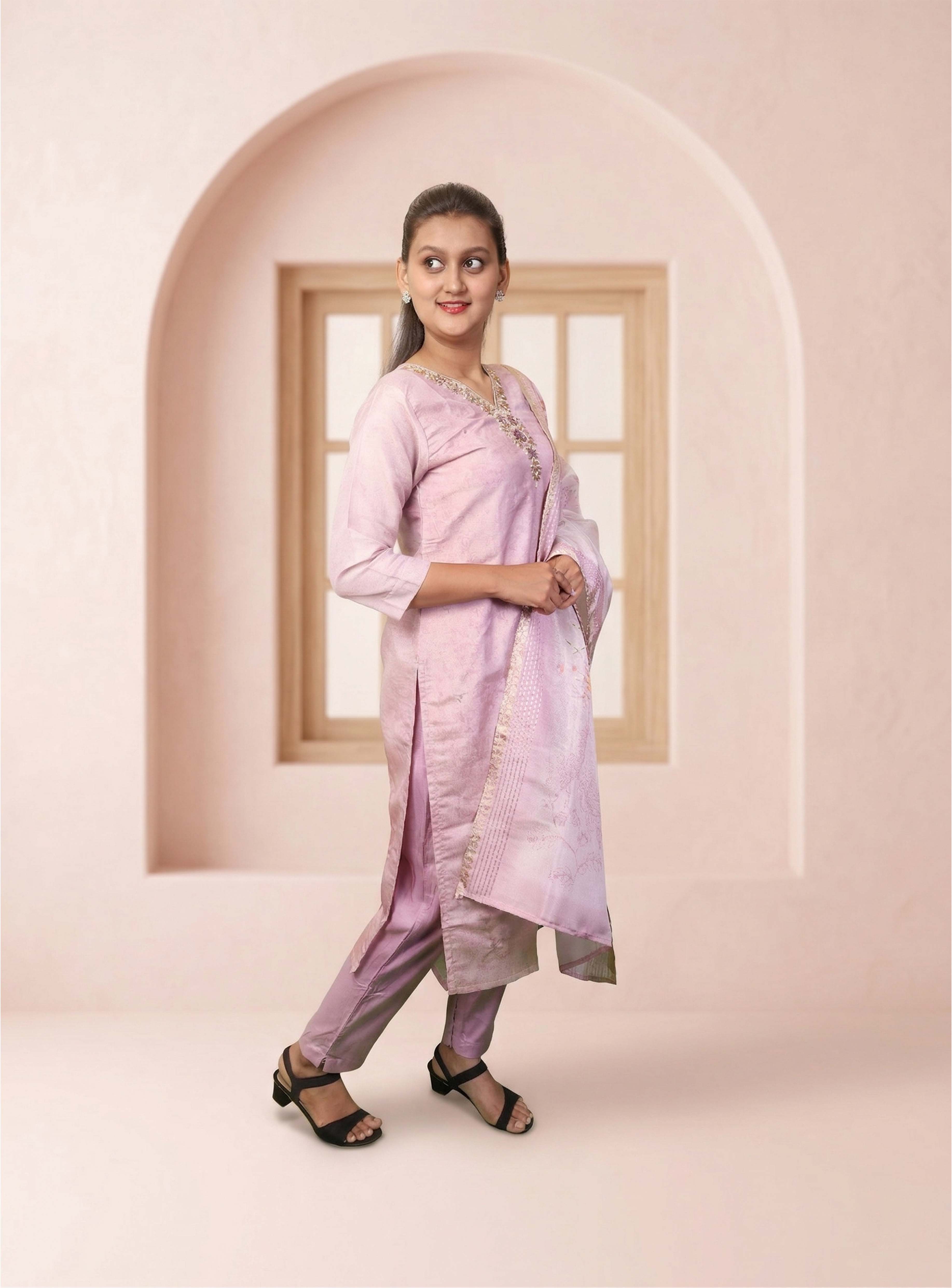 Baby pink chanderi straight suit set with dupatta