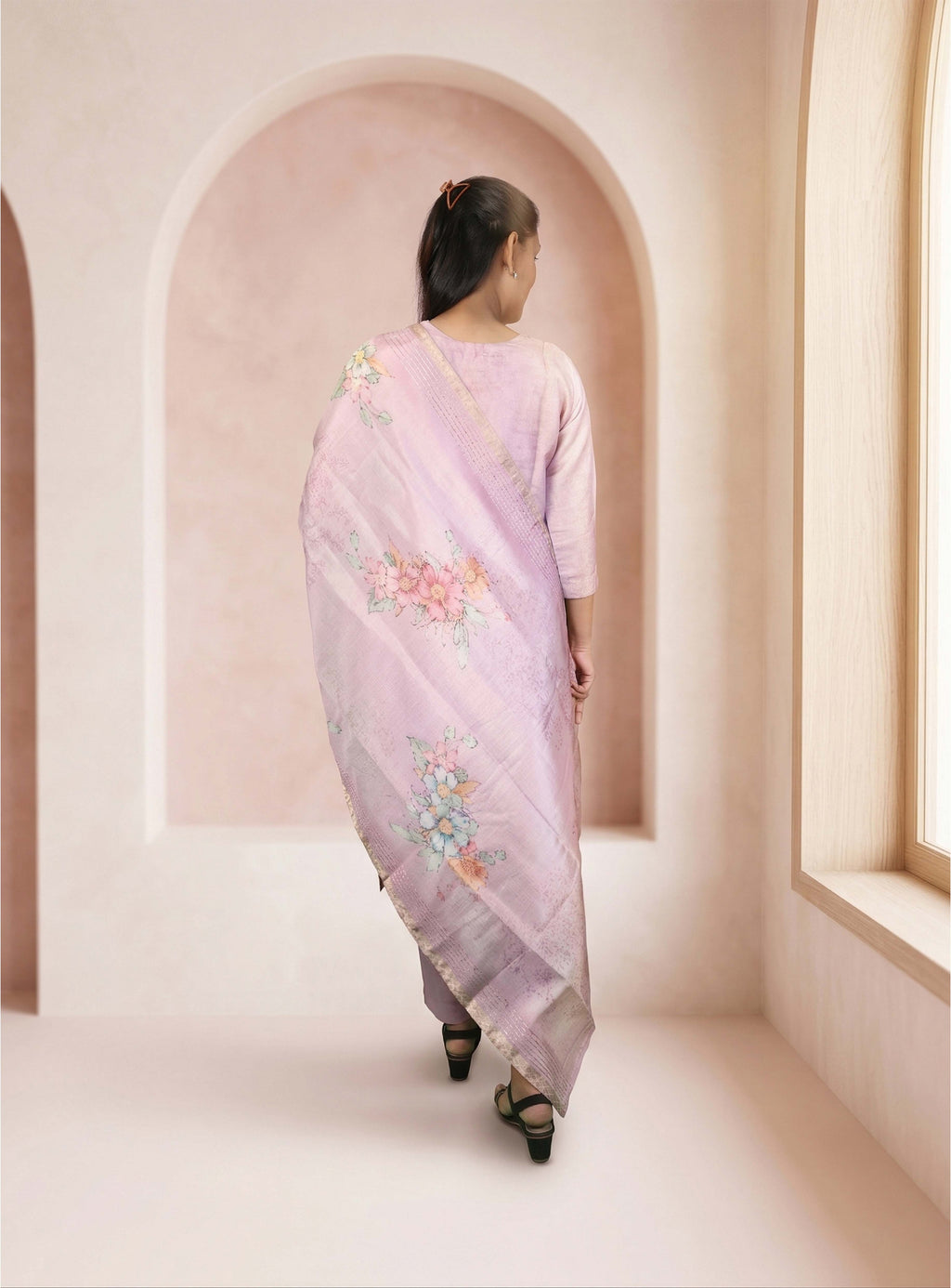 Baby pink chanderi straight suit set with dupatta