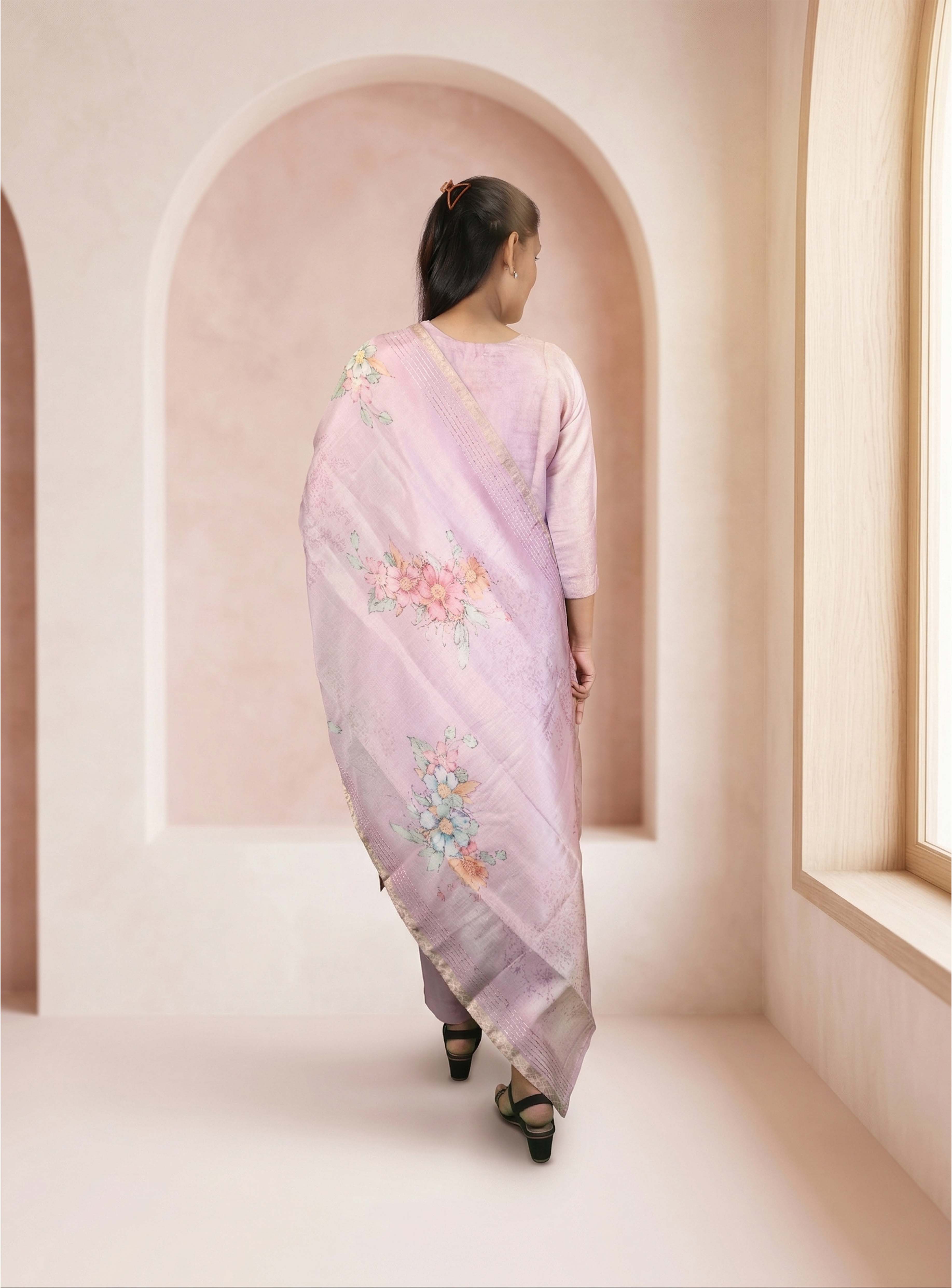 Baby pink chanderi straight suit set with dupatta
