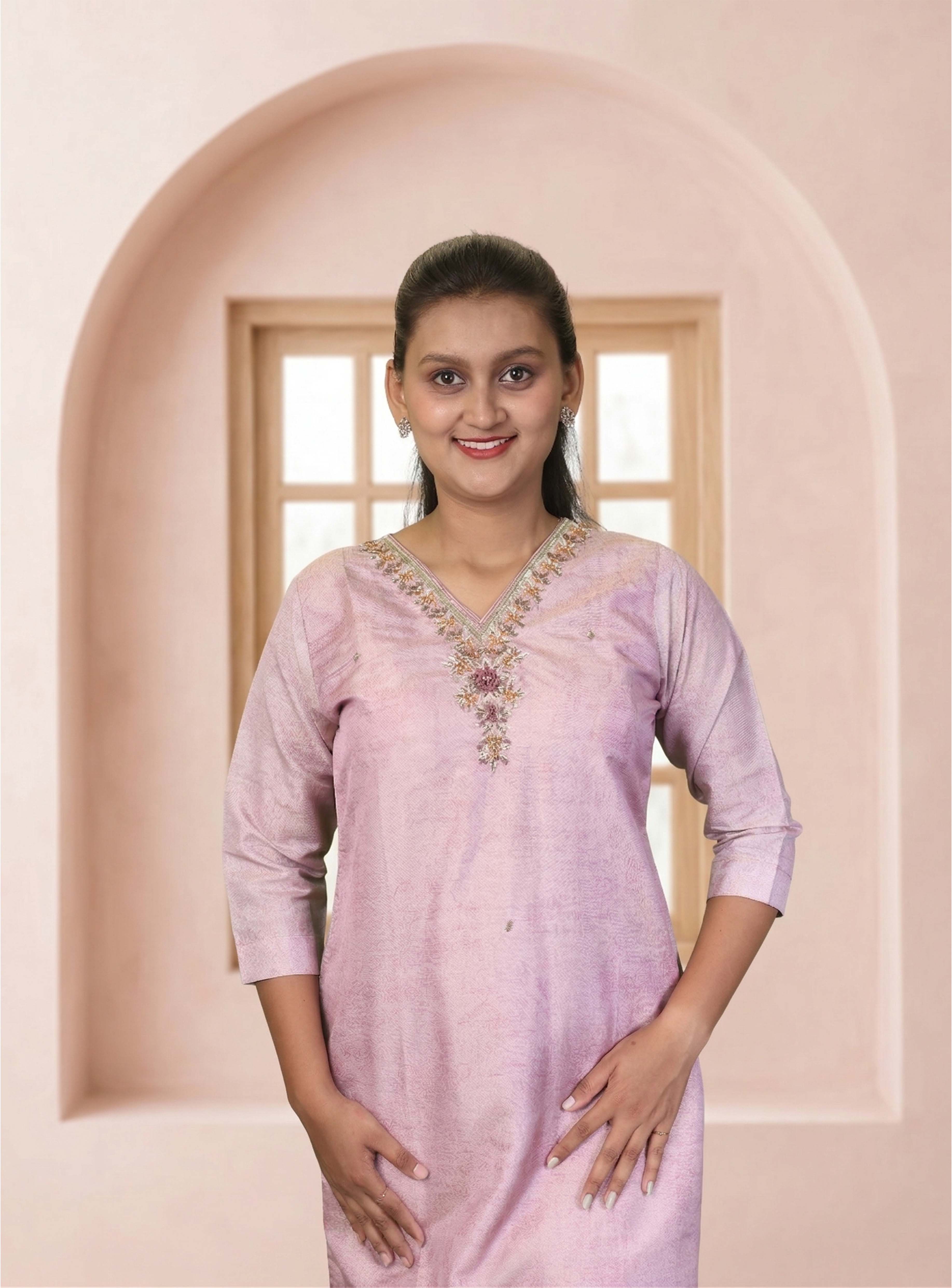 Baby pink chanderi straight suit set with dupatta