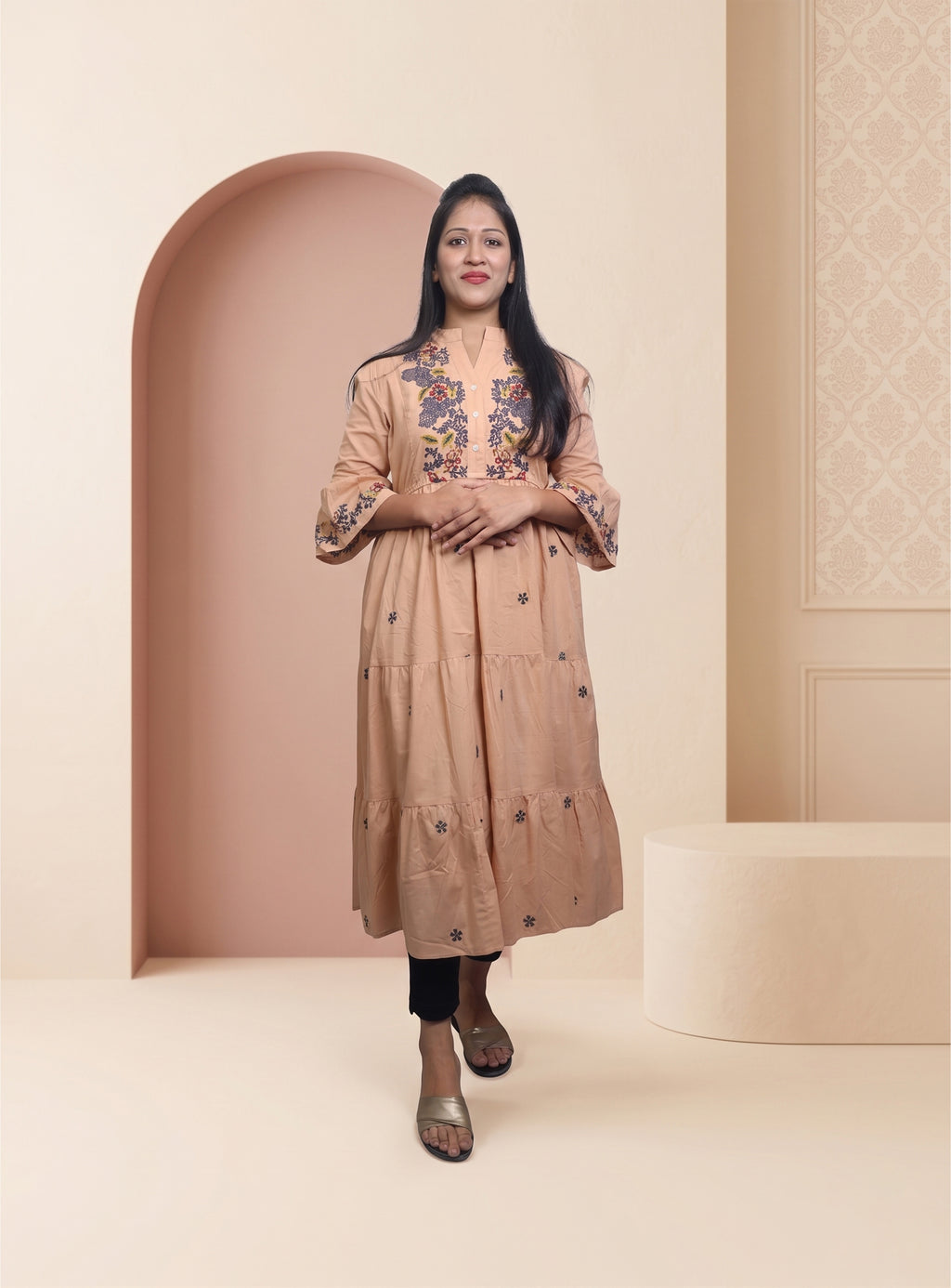 Beige cotton A-line long Dress