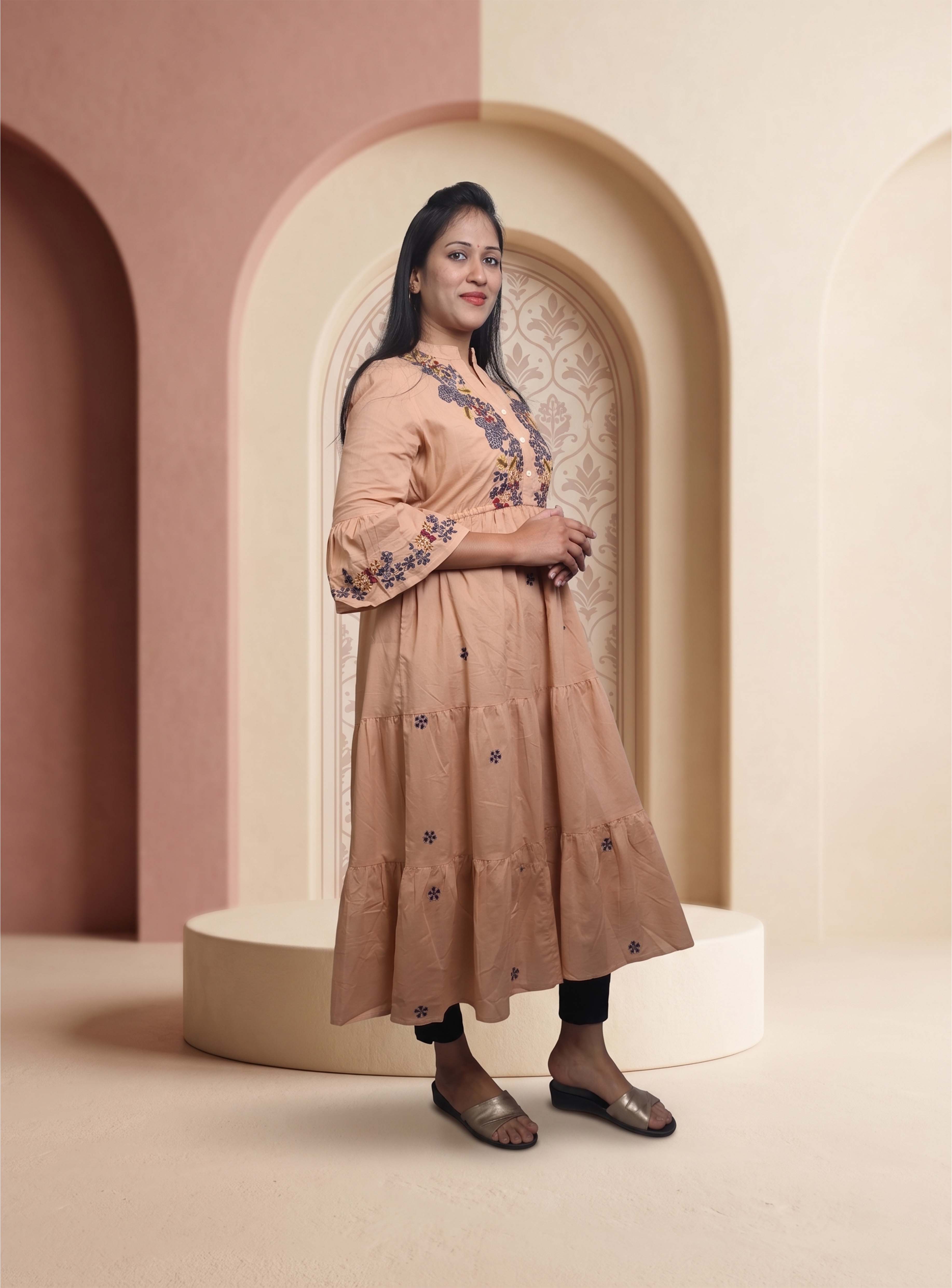 Beige cotton A-line long Dress