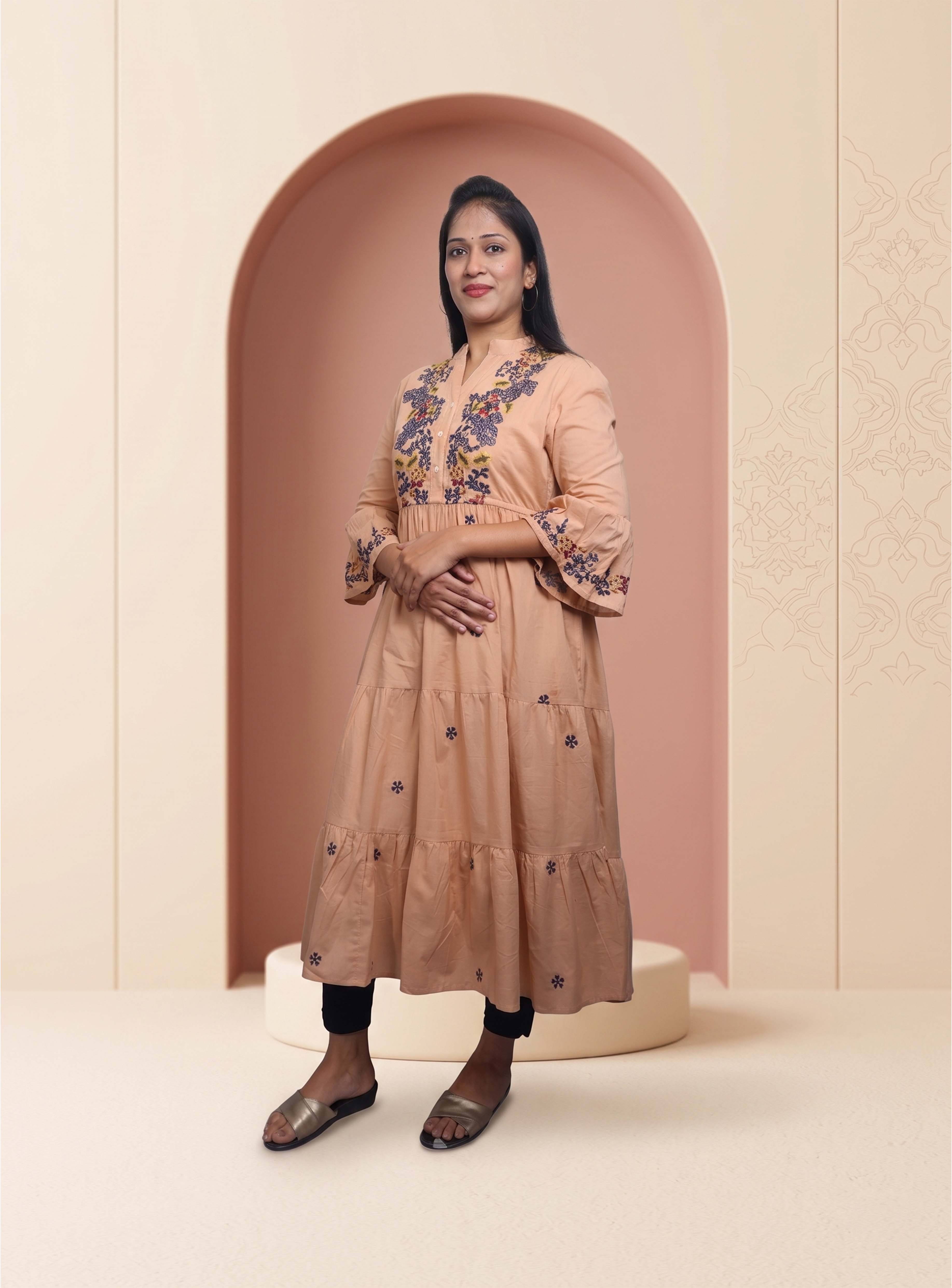 Beige cotton A-line long Dress