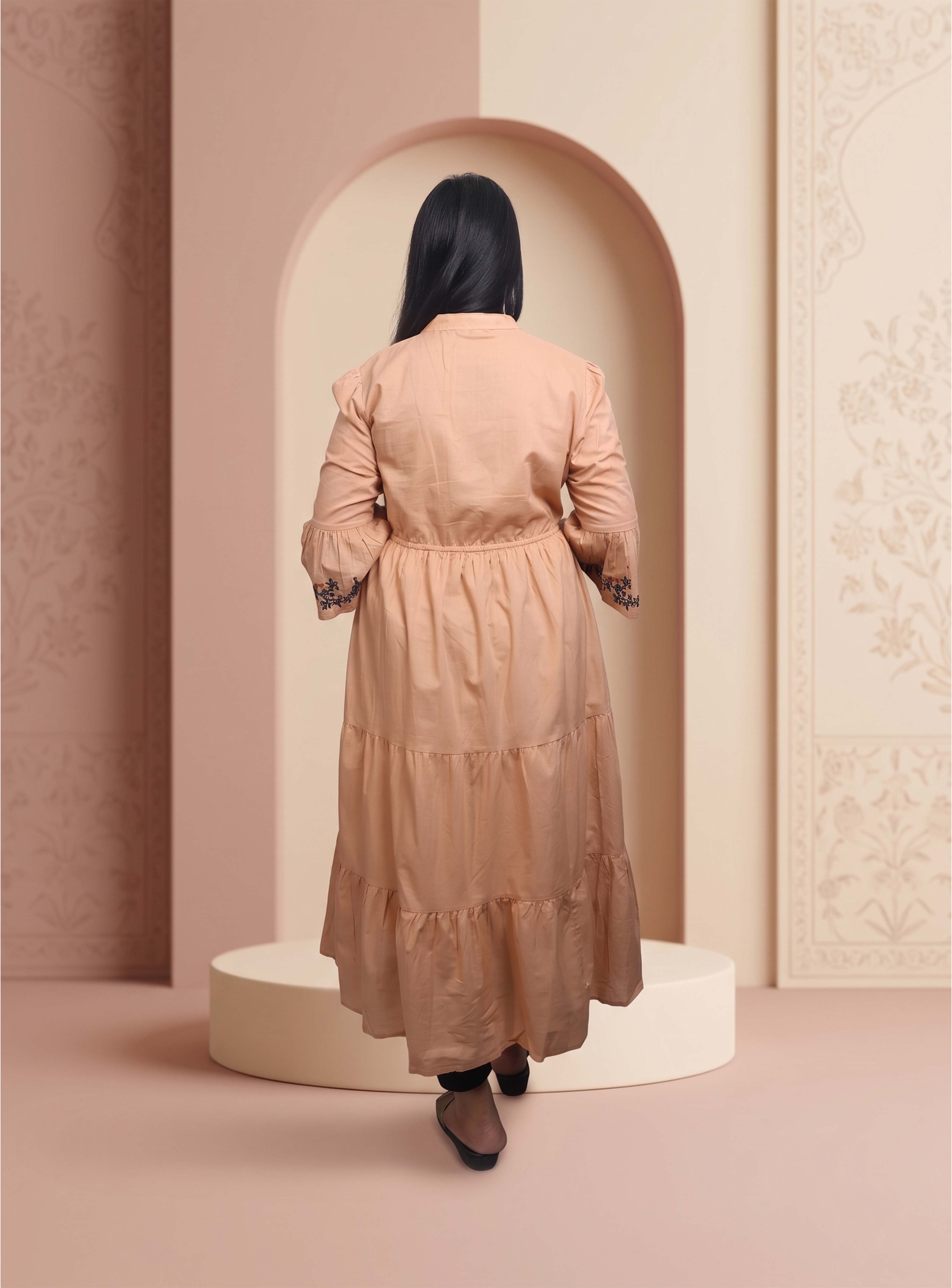 Beige cotton A-line long Dress