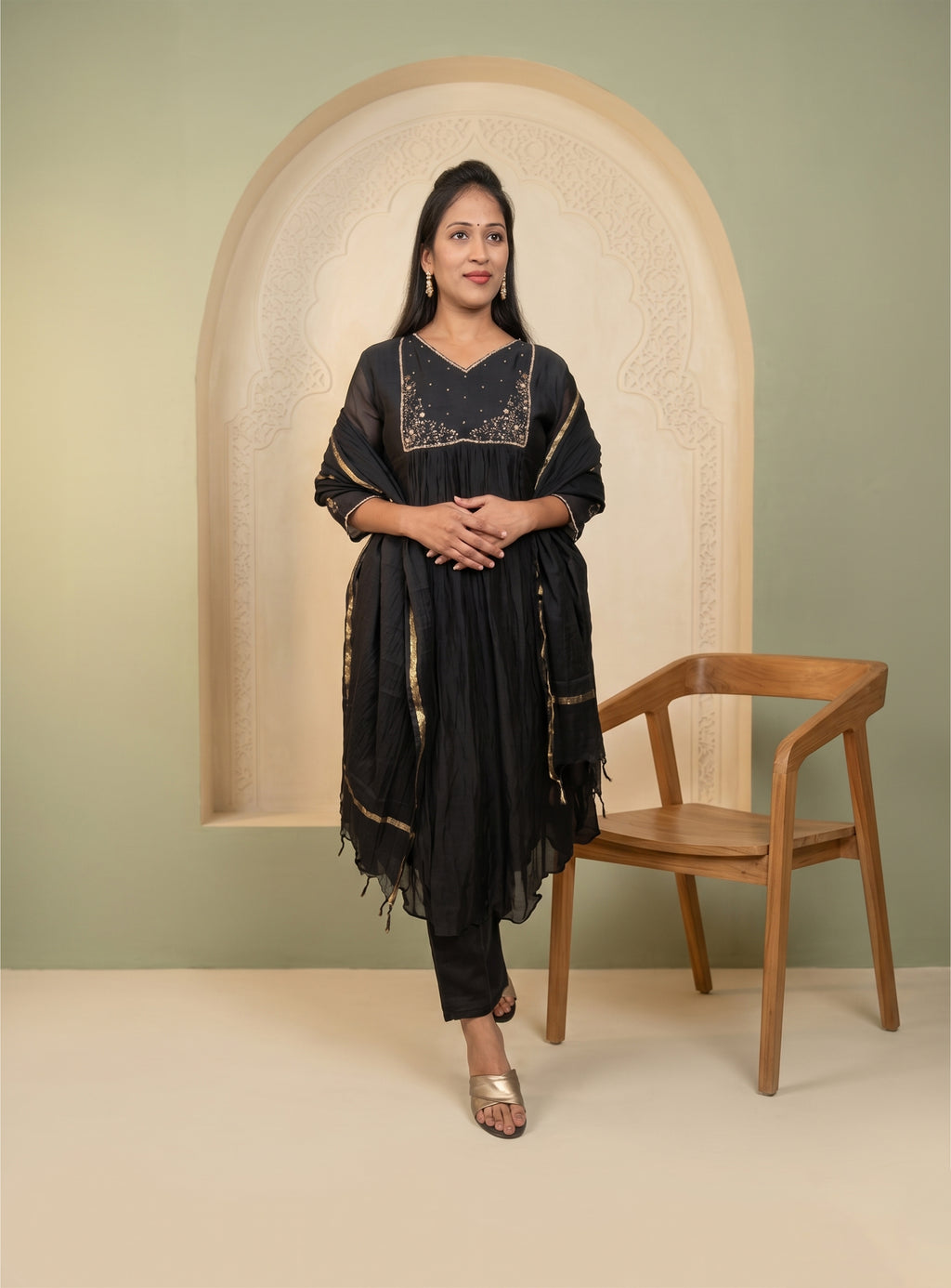 Black mul chanderi Anarkali suit with dupatta