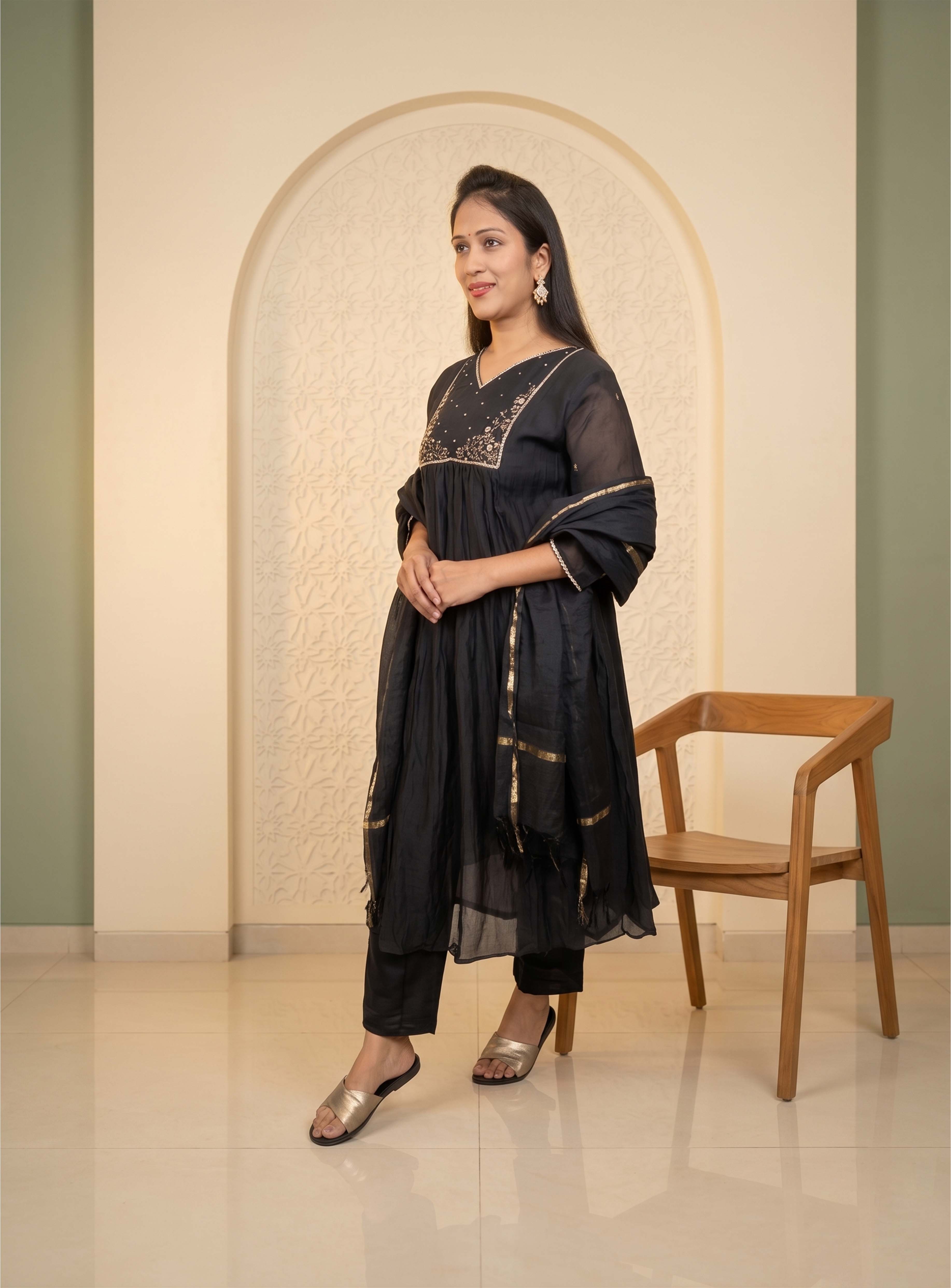 Black mul chanderi Anarkali suit with dupatta