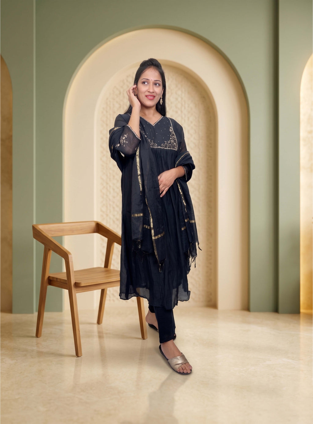 Black mul chanderi Anarkali suit with dupatta