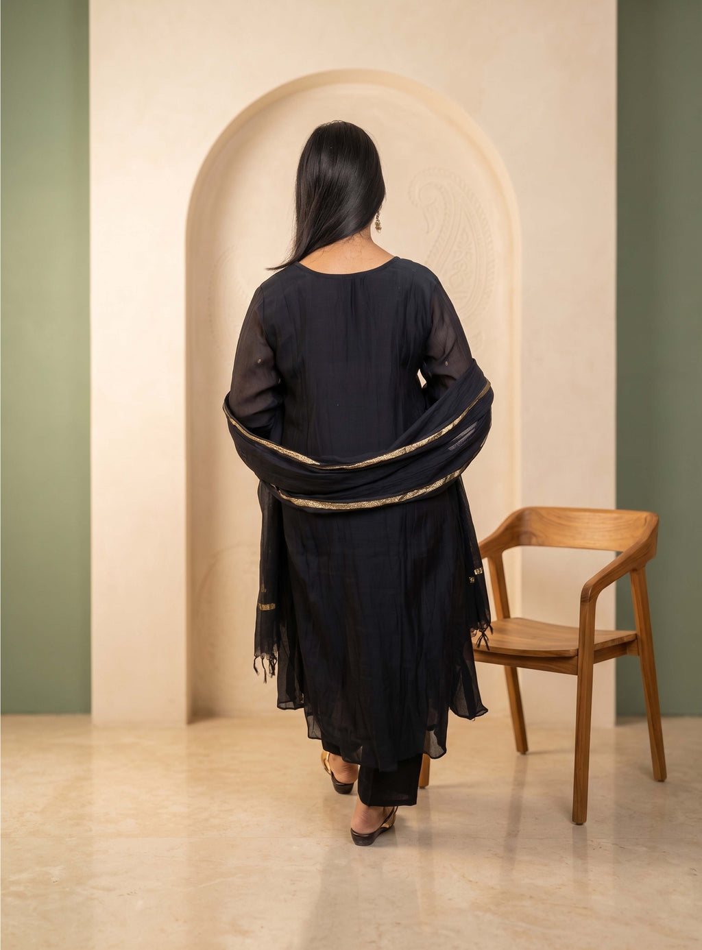 Black mul chanderi Anarkali suit with dupatta