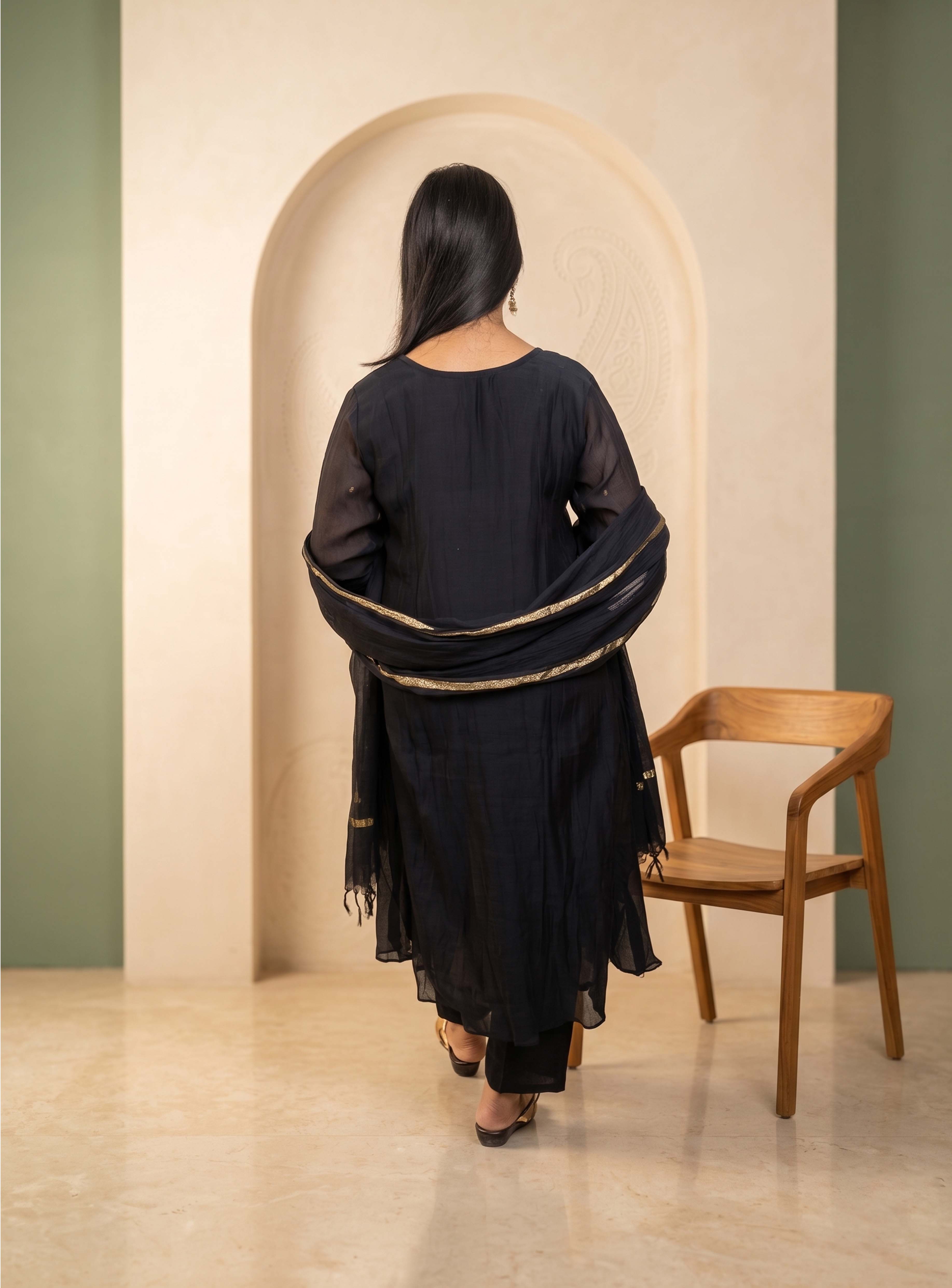 Black mul chanderi Anarkali suit with dupatta
