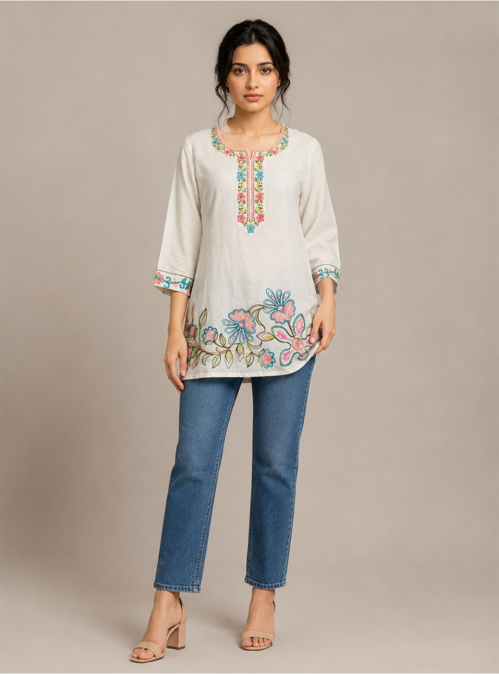 Ivory Blossom White Cotton Embroidered Short Kurti