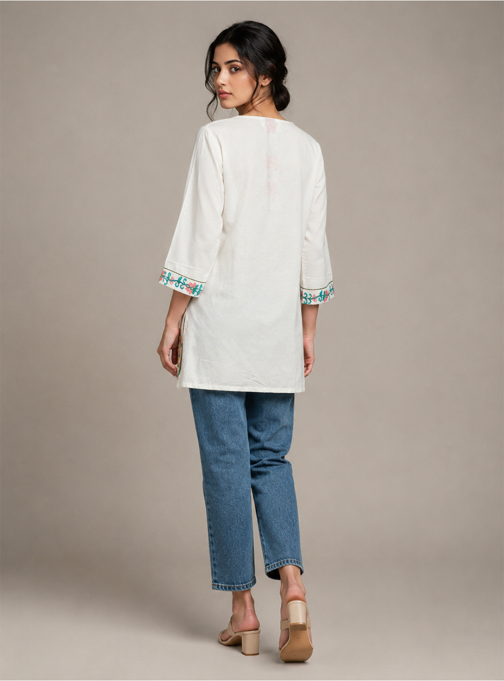Ivory Blossom White Cotton Embroidered Short Kurti