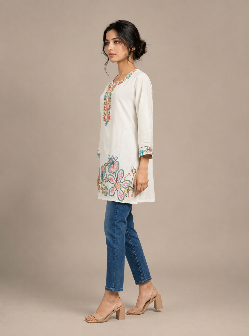 Ivory Blossom White Cotton Embroidered Short Kurti