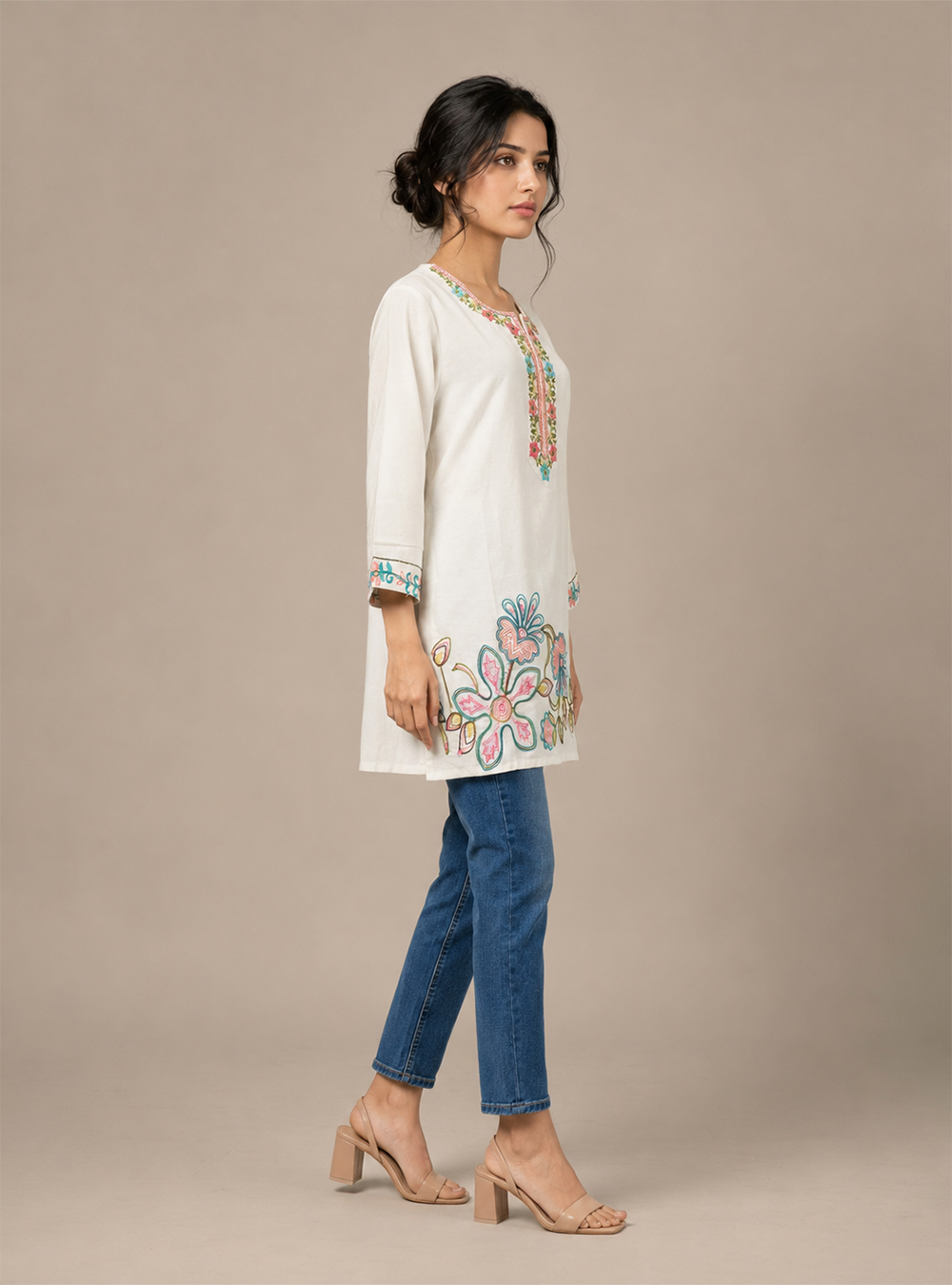 Ivory Blossom White Cotton Embroidered Short Kurti
