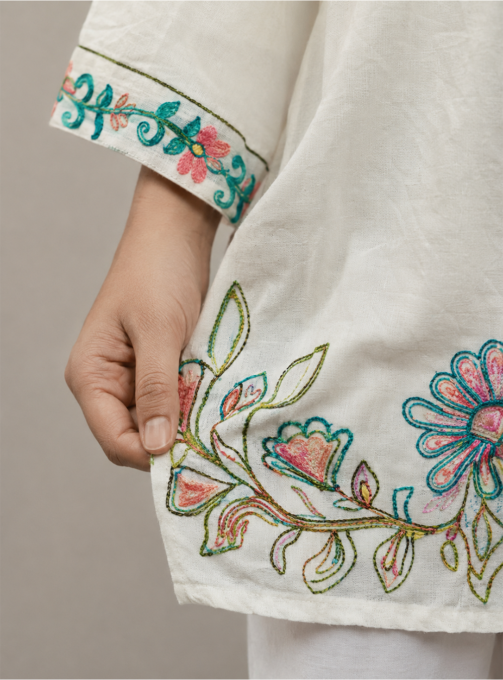Ivory Blossom White Cotton Embroidered Short Kurti
