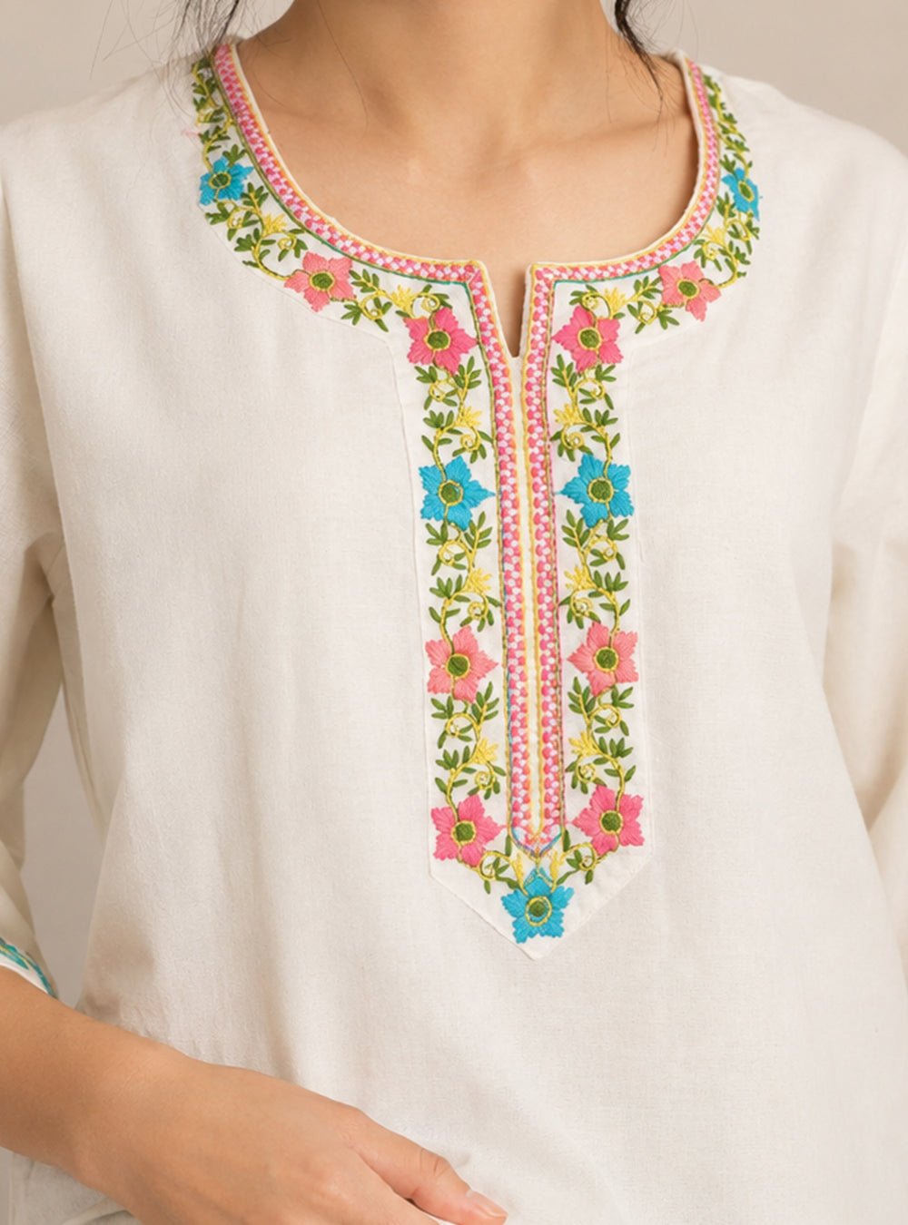 Ivory Blossom White Cotton Embroidered Short Kurti