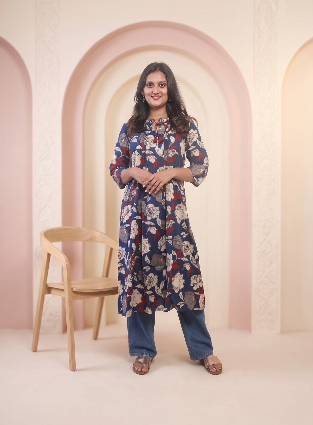 Blue hand block cotton A-line kurta