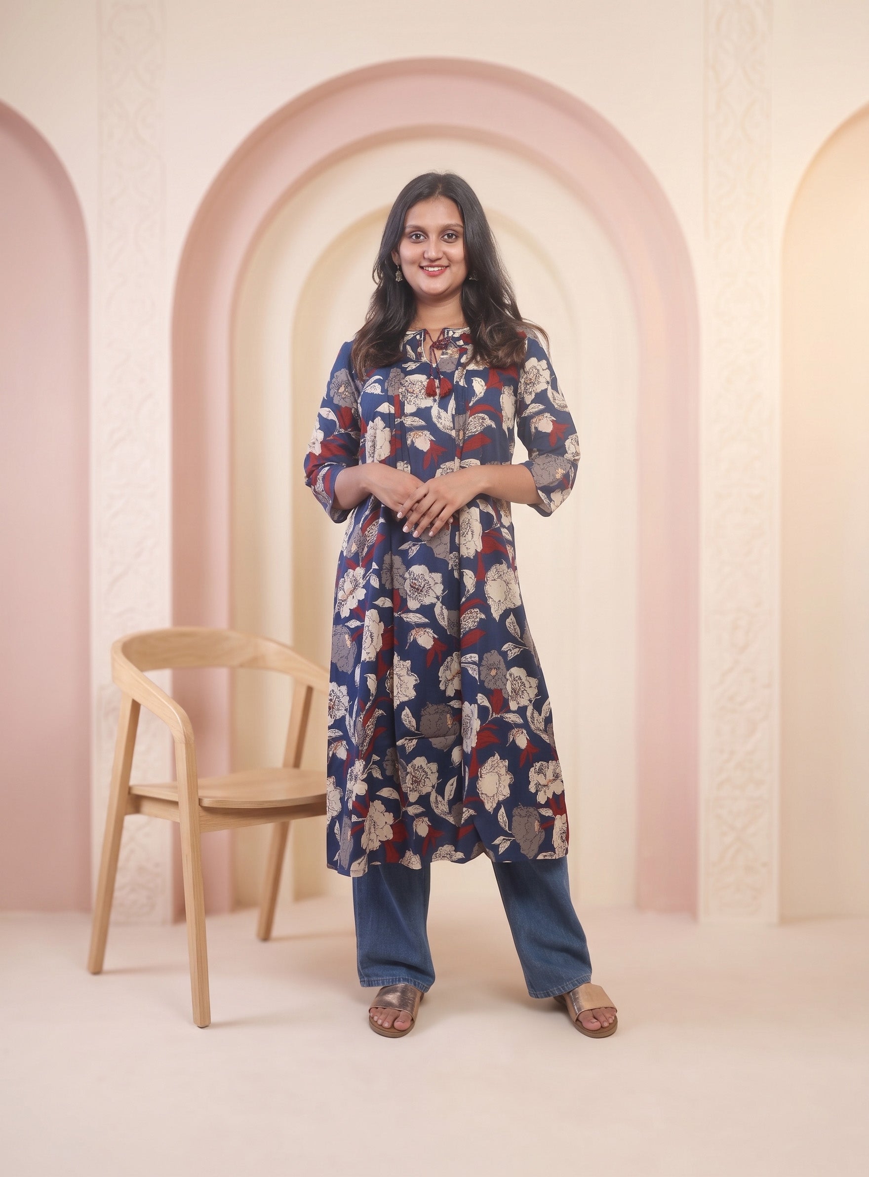 Blue hand block cotton A-line kurta