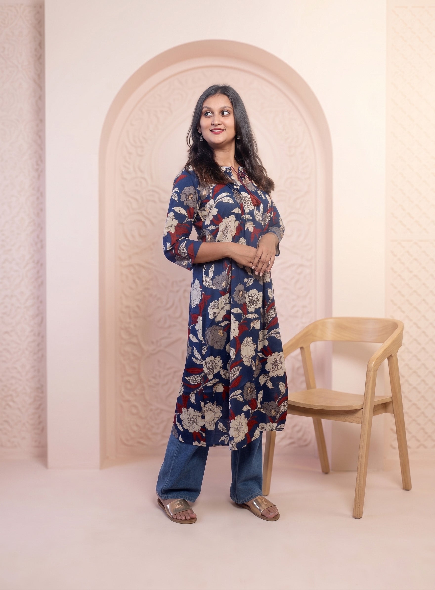 Blue hand block cotton A-line kurta