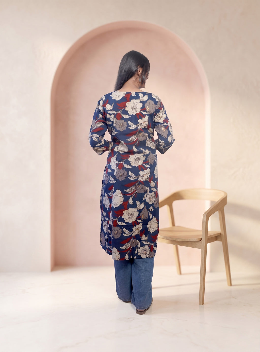 Blue hand block cotton A-line kurta