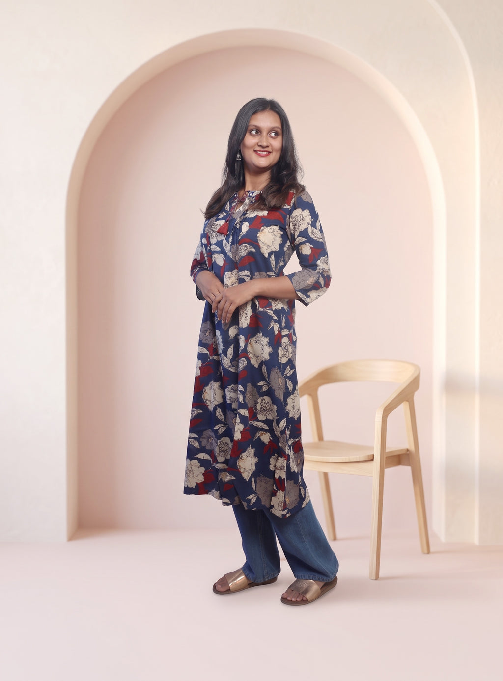 Blue hand block cotton A-line kurta