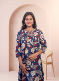Blue hand block cotton A-line kurta