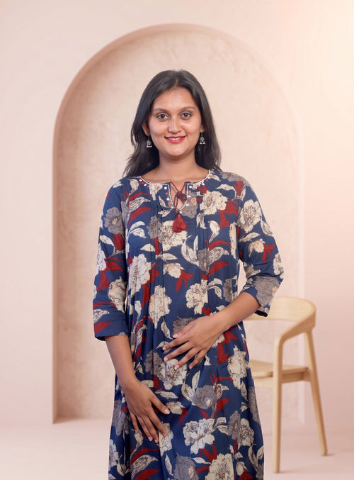 Blue hand block cotton A-line kurta