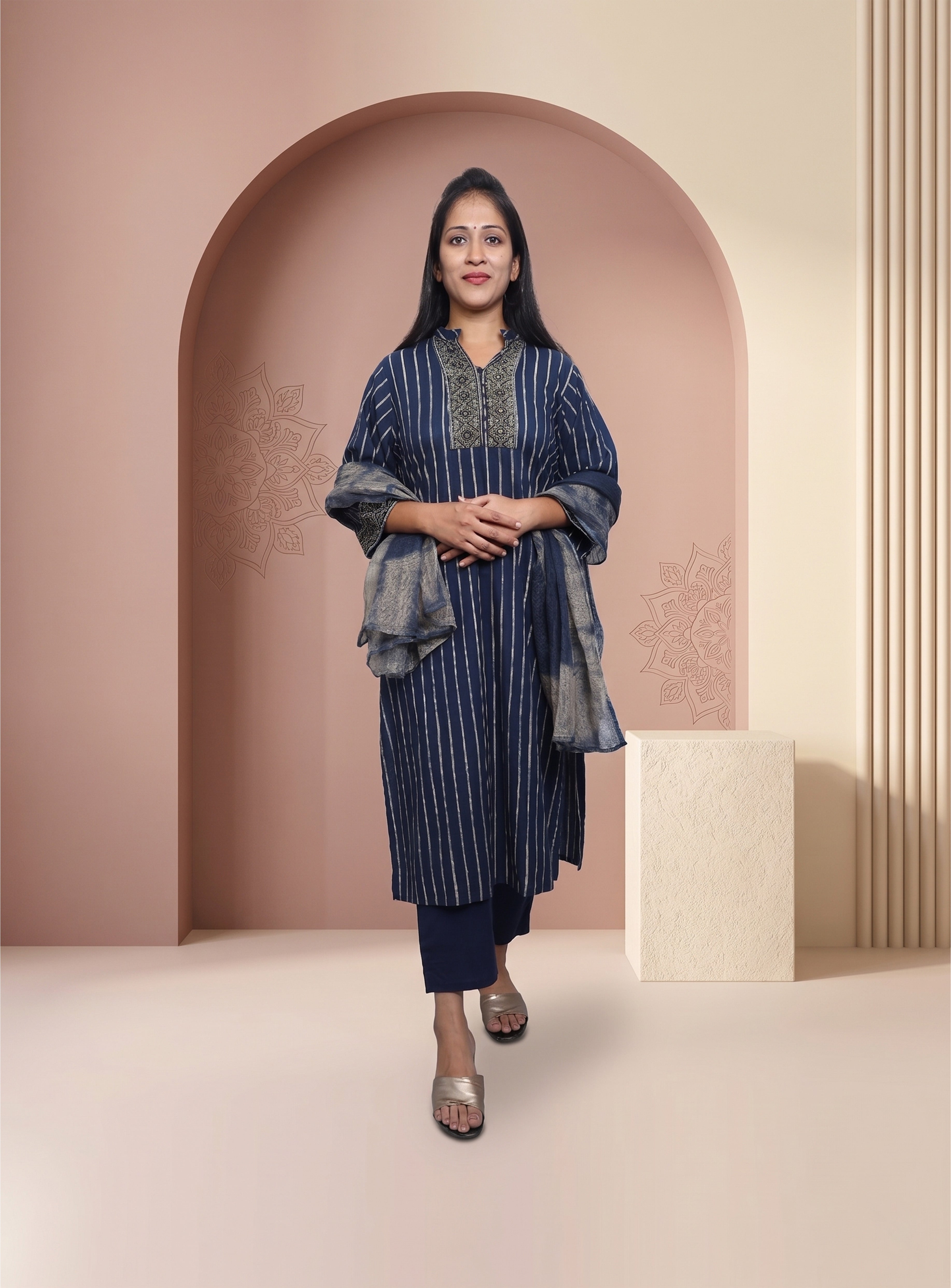 Blue cotton hand block straight suit set with dupatta