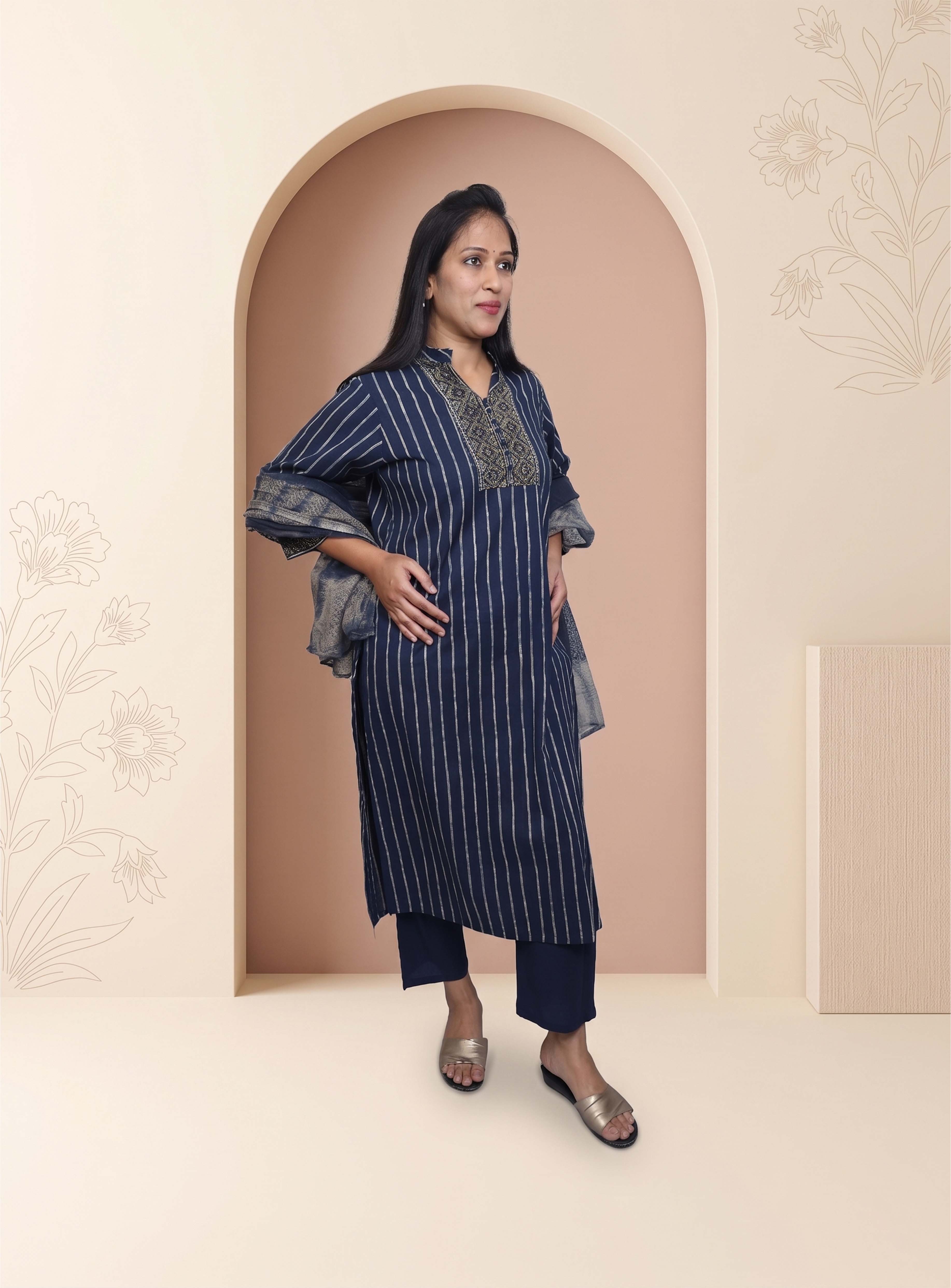 Blue cotton hand block straight suit set with dupatta