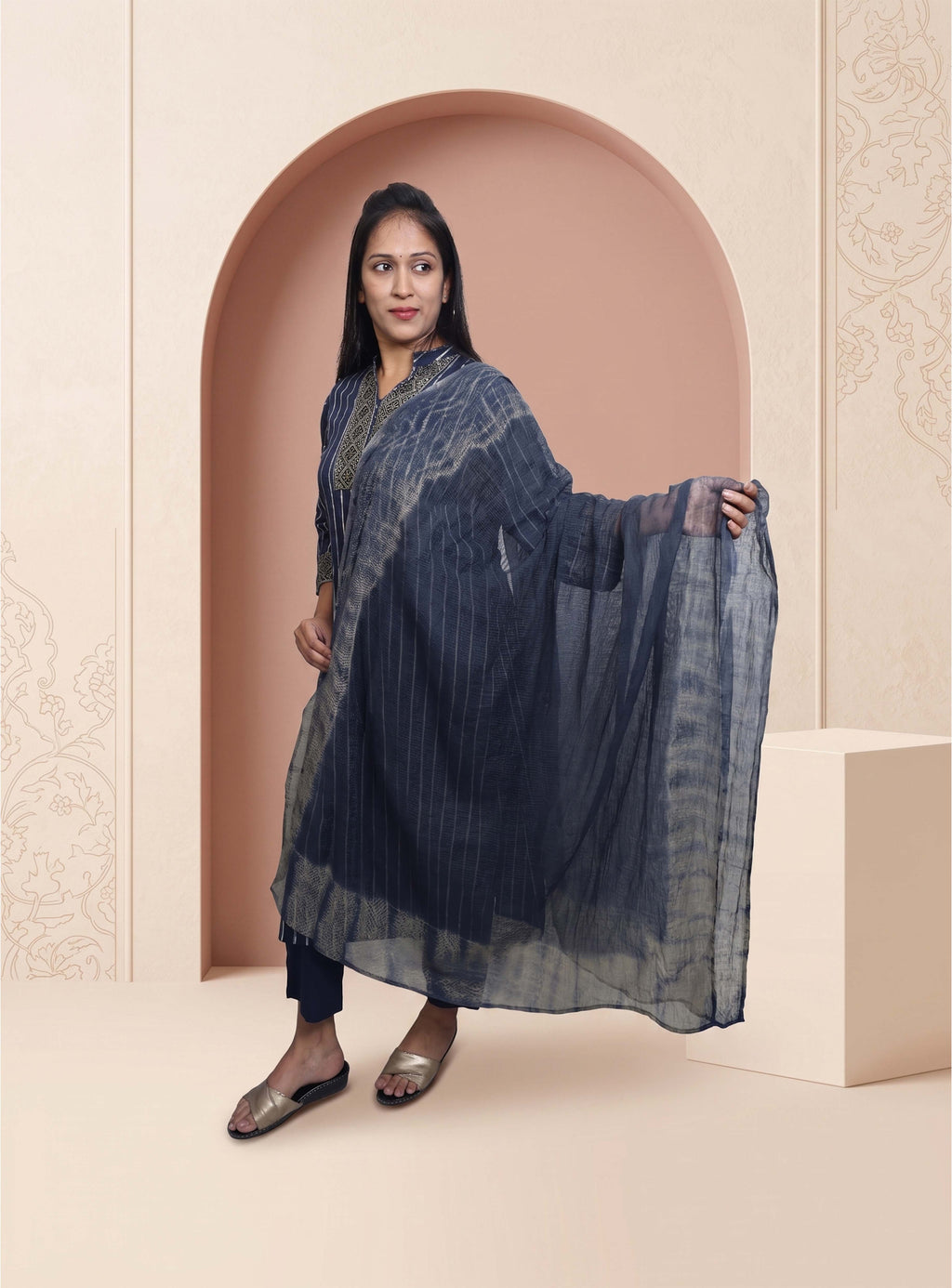 Blue cotton hand block straight suit set with dupatta