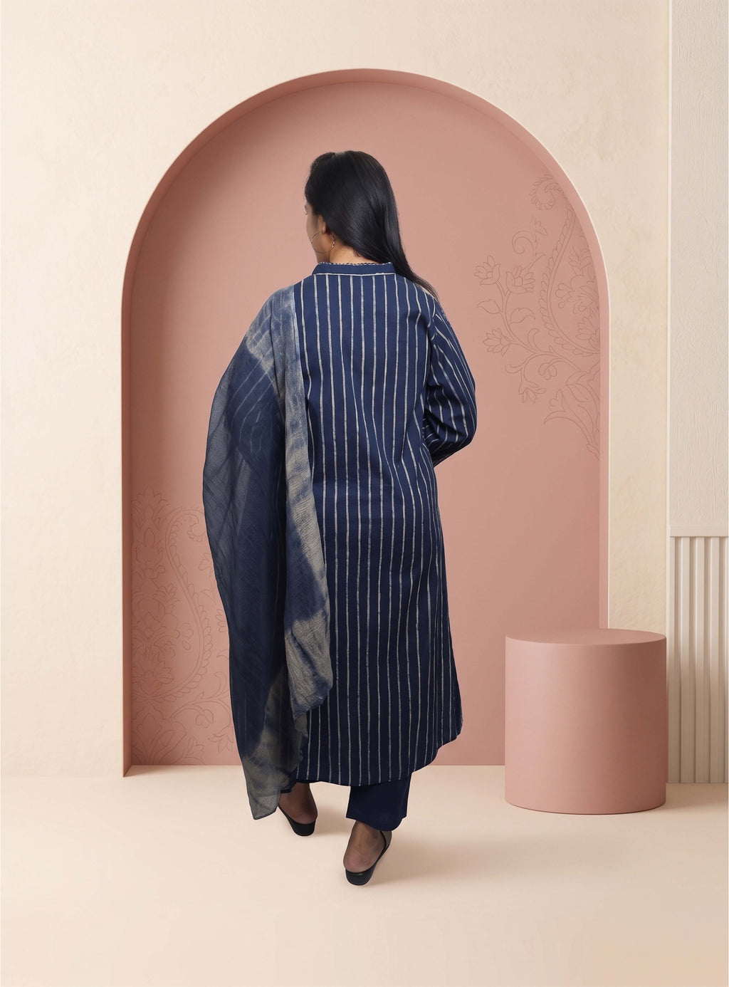 Blue cotton hand block straight suit set with dupatta